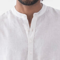 100% European Linen Mandarin Half Placket Shirt - White