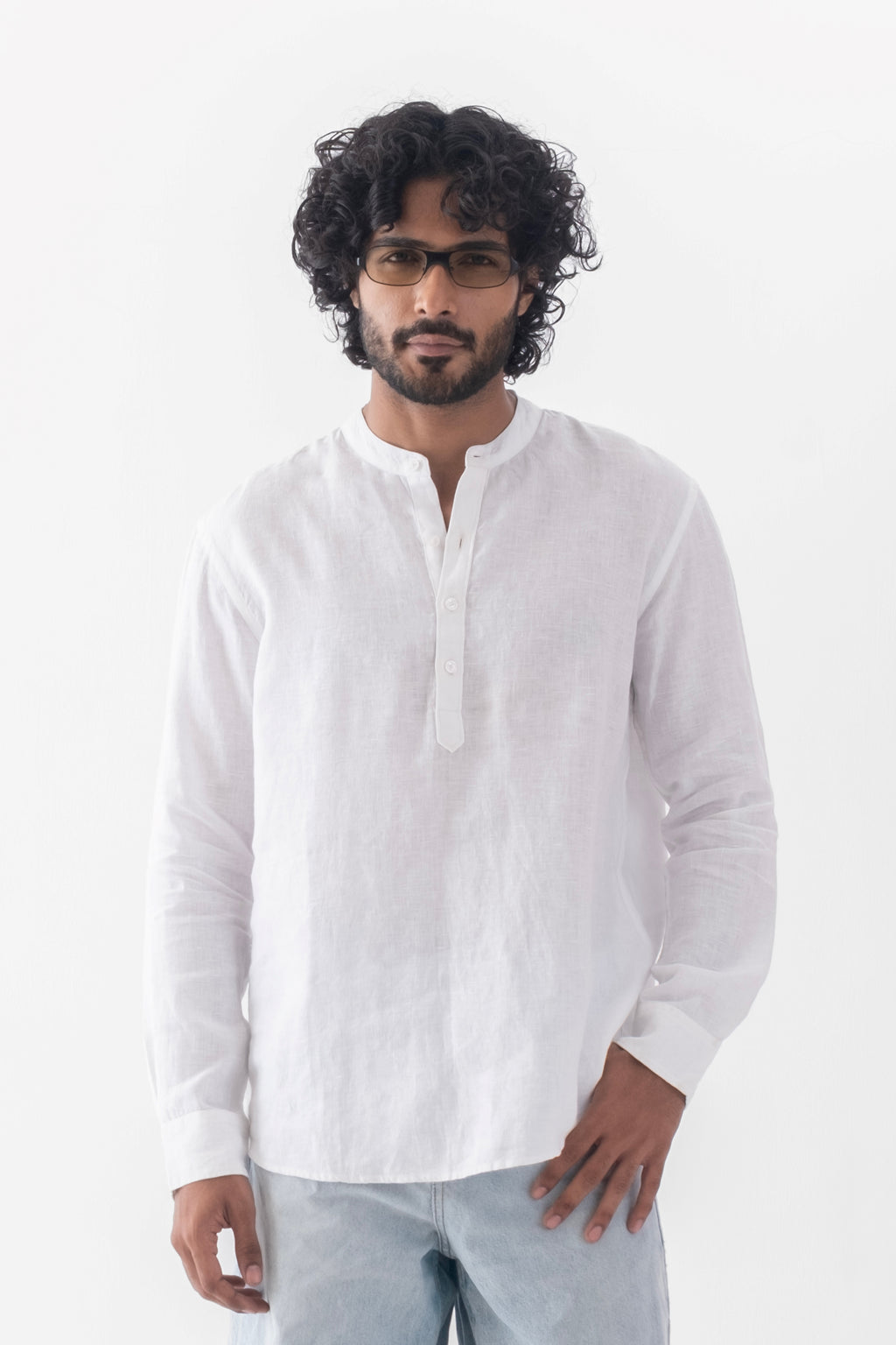 100% European Linen Mandarin Half Placket Shirt - White