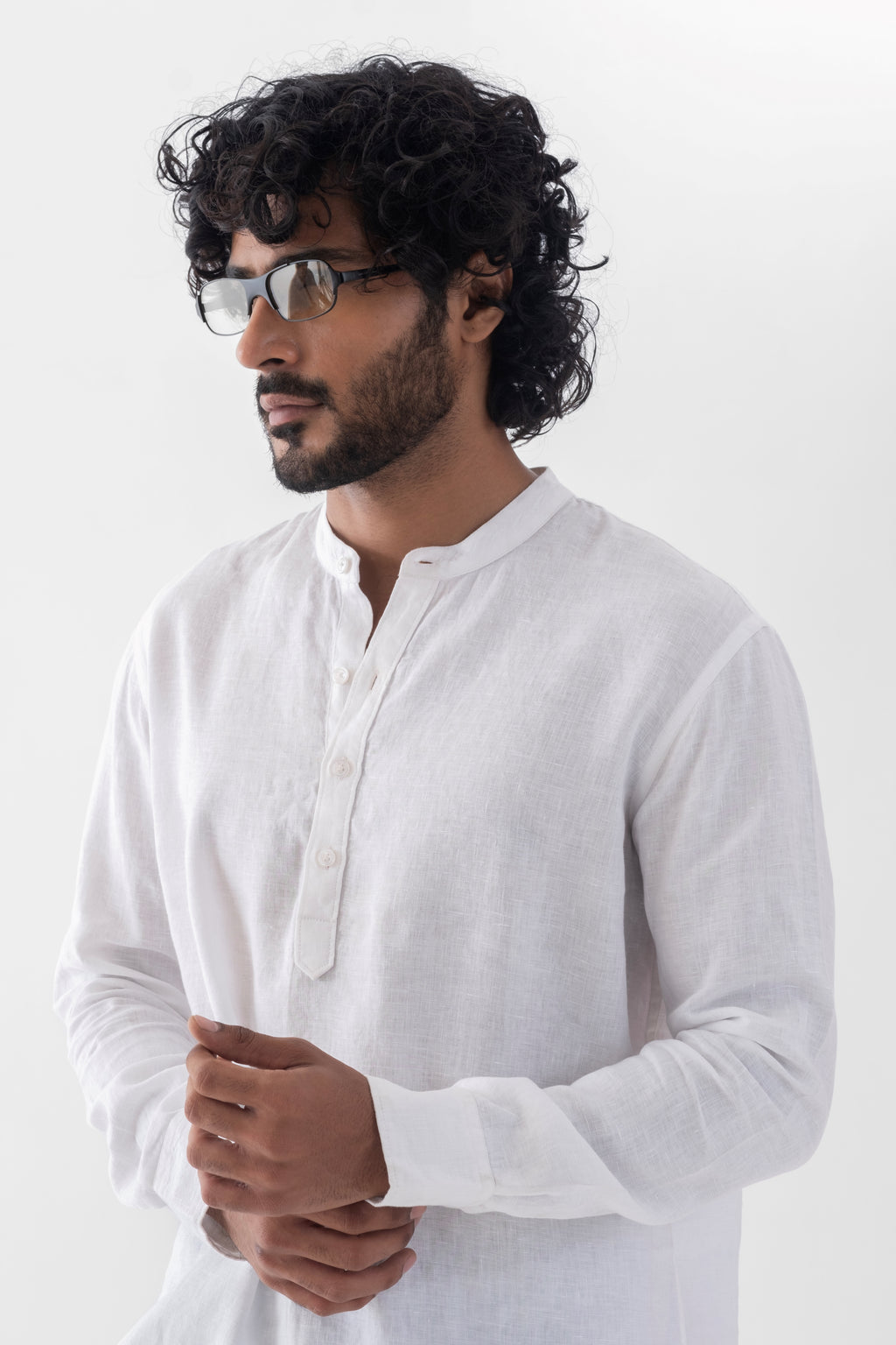 100% European Linen Mandarin Half Placket Shirt - White