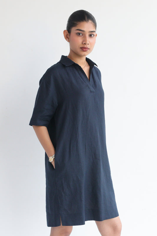 100% European Linen Popover Shirt Dress - Navy