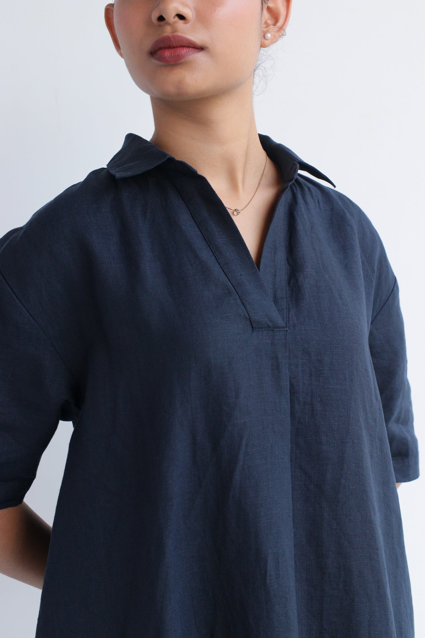 100% European Linen Popover Shirt Dress - Navy
