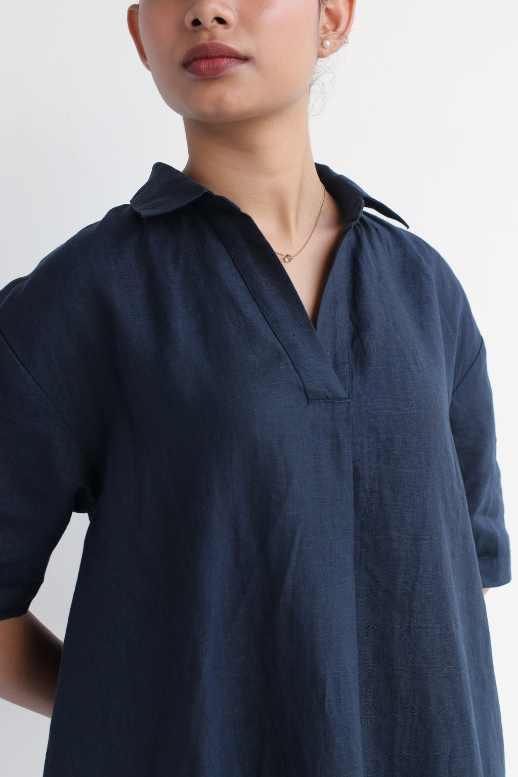 100% European Linen Popover Shirt Dress - Navy