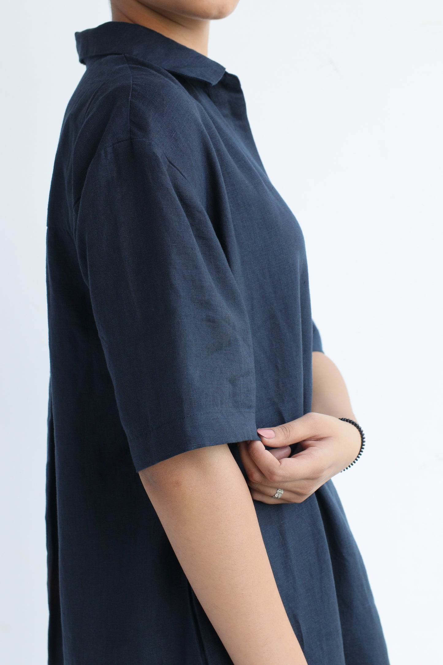100% European Linen Popover Shirt Dress - Navy