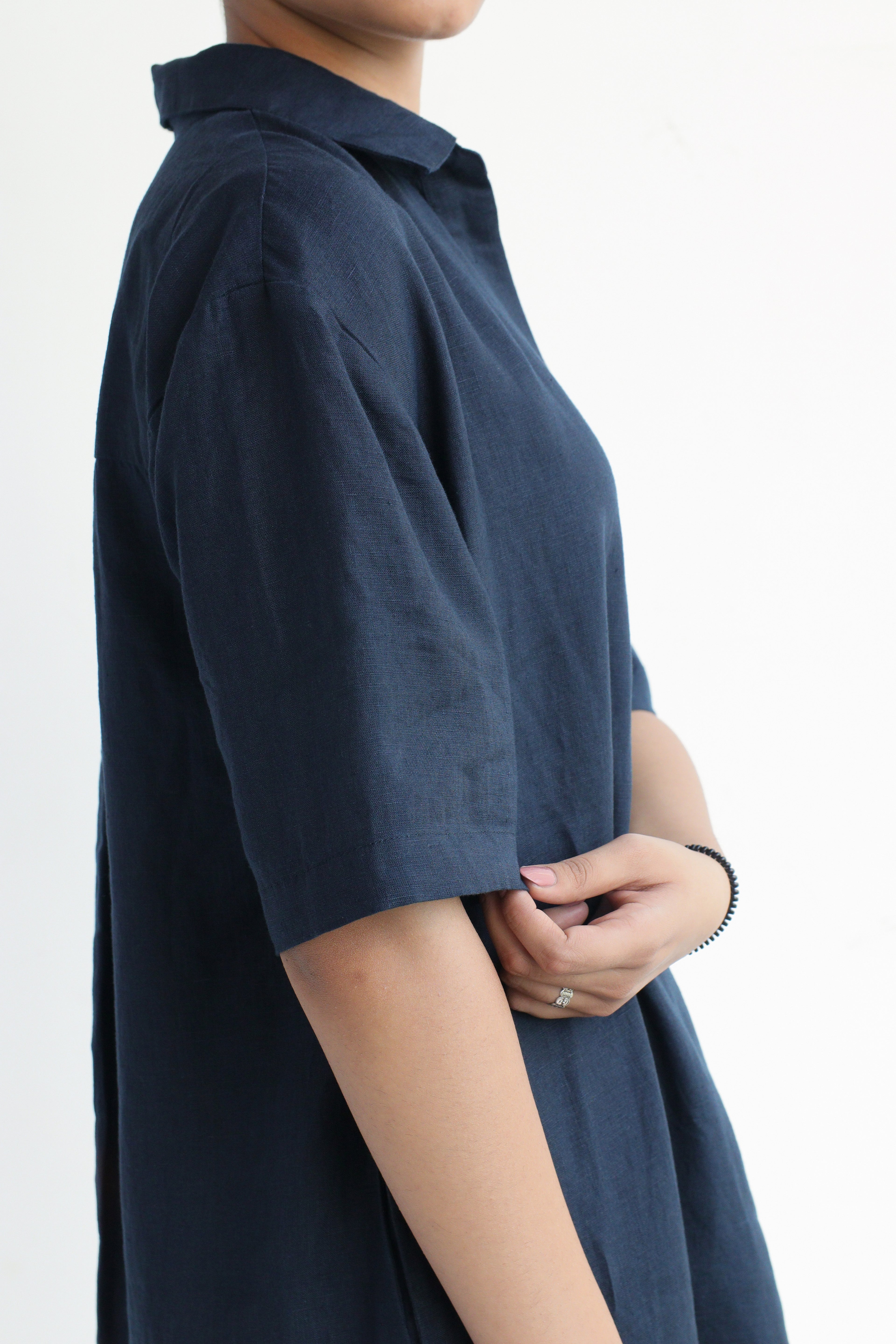 100% European Linen Popover Shirt Dress - Navy