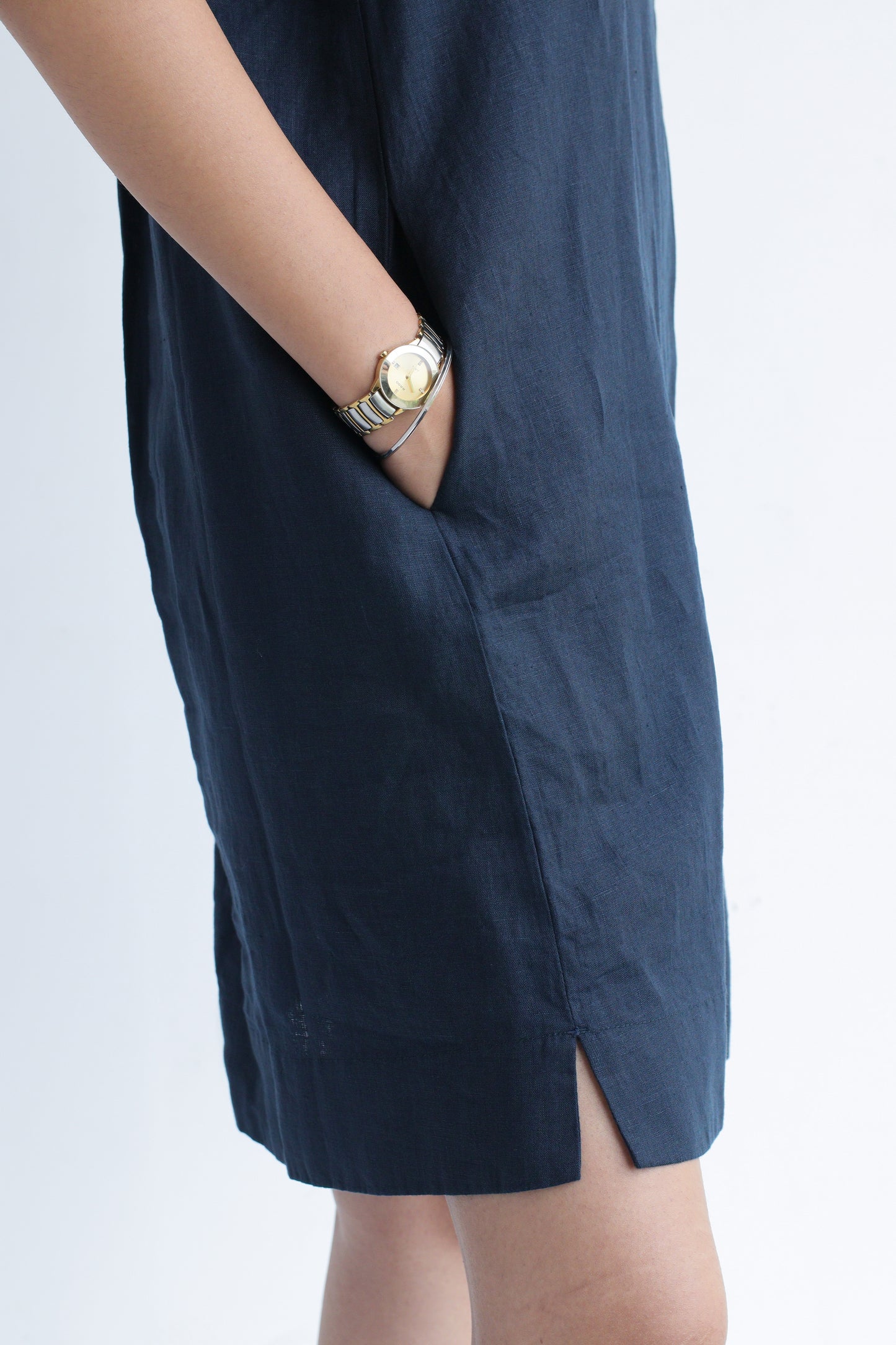 100% European Linen Popover Shirt Dress - Navy