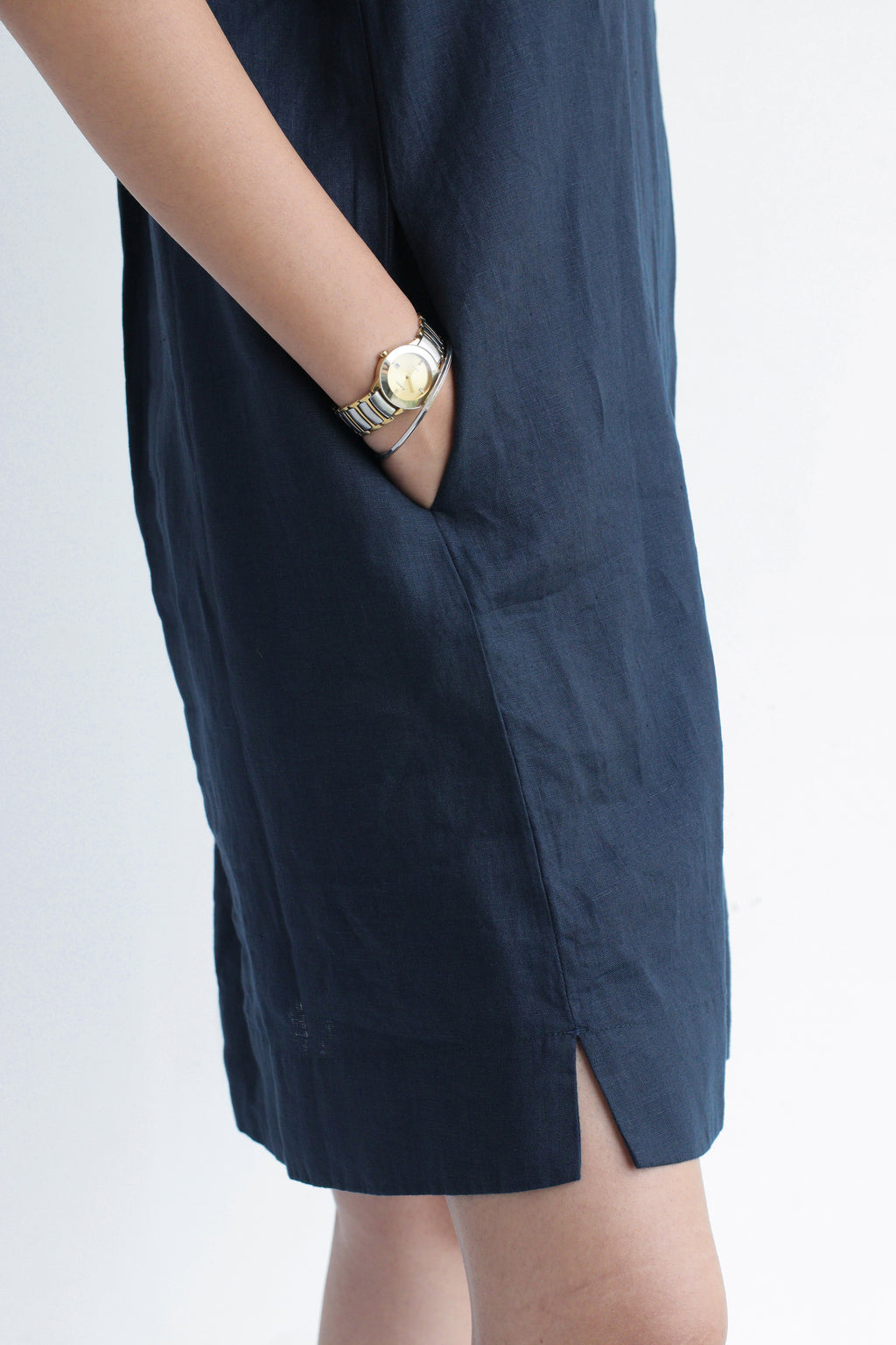 100% European Linen Popover Shirt Dress - Navy
