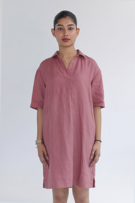 100% European Linen Popover Shirt Dress - Rose