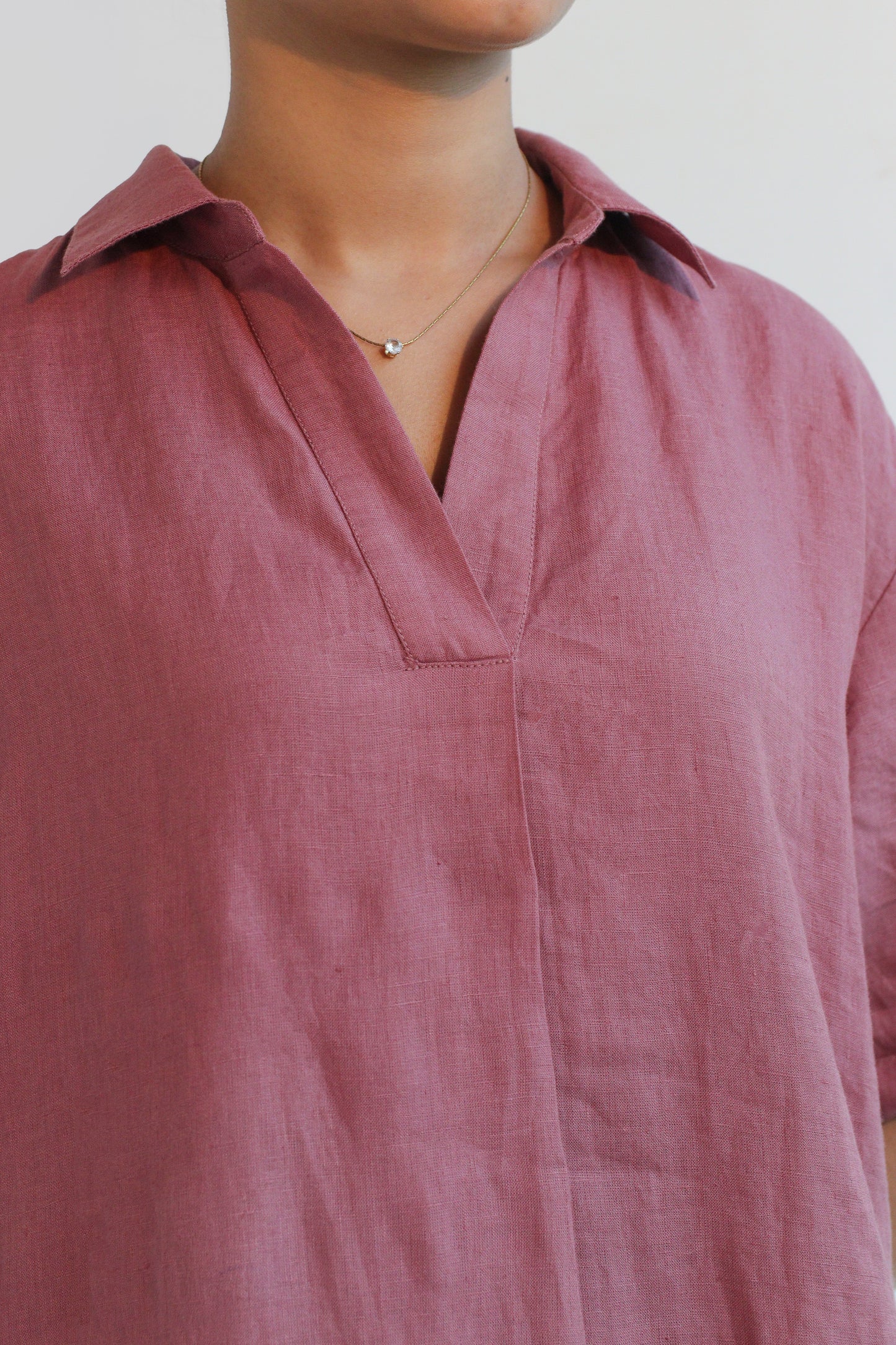 100% European Linen Popover Shirt Dress - Rose