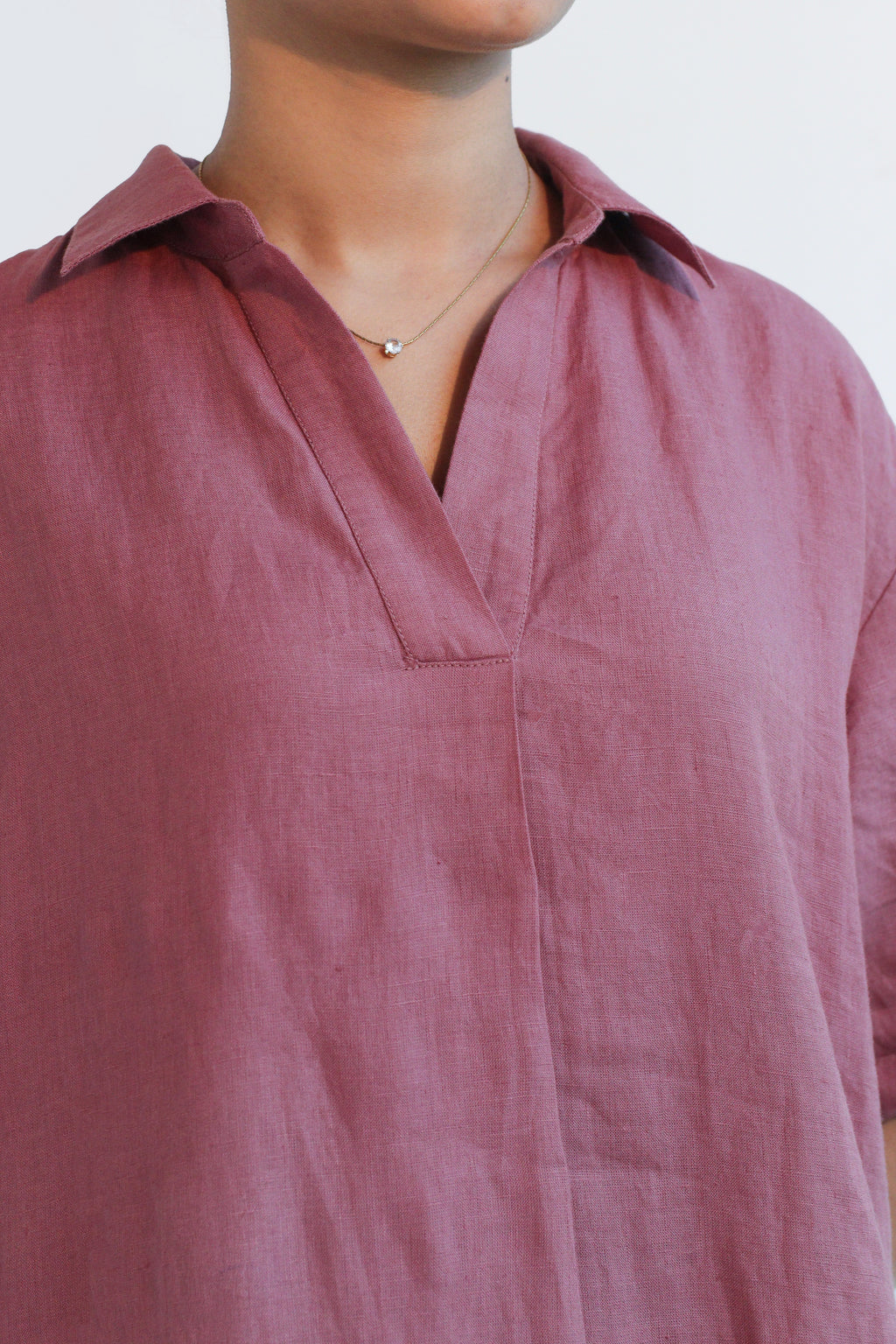 100% European Linen Popover Shirt Dress - Rose