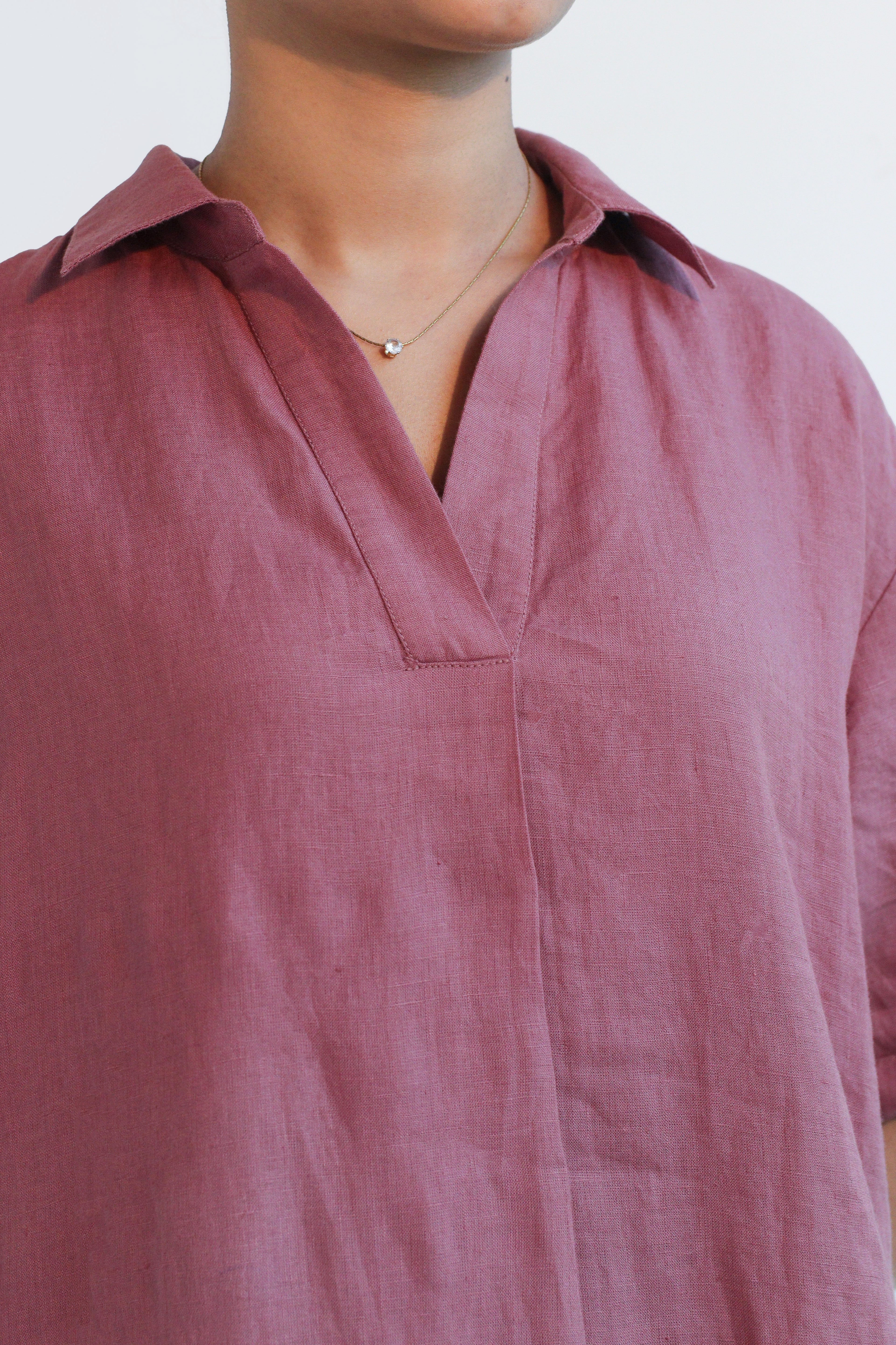 100% European Linen Popover Shirt Dress - Rose