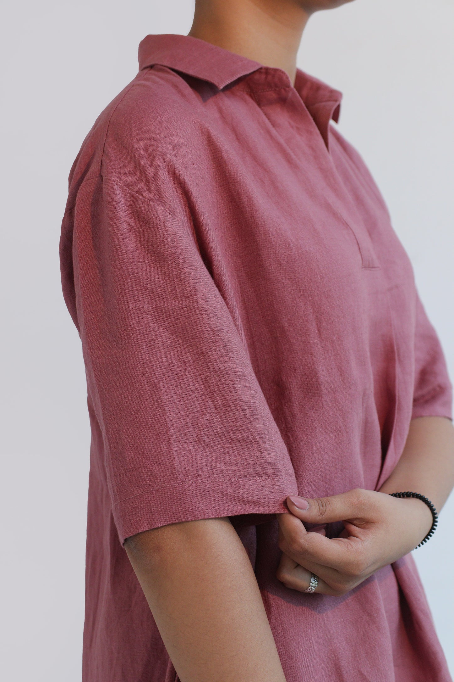 100% European Linen Popover Shirt Dress - Rose