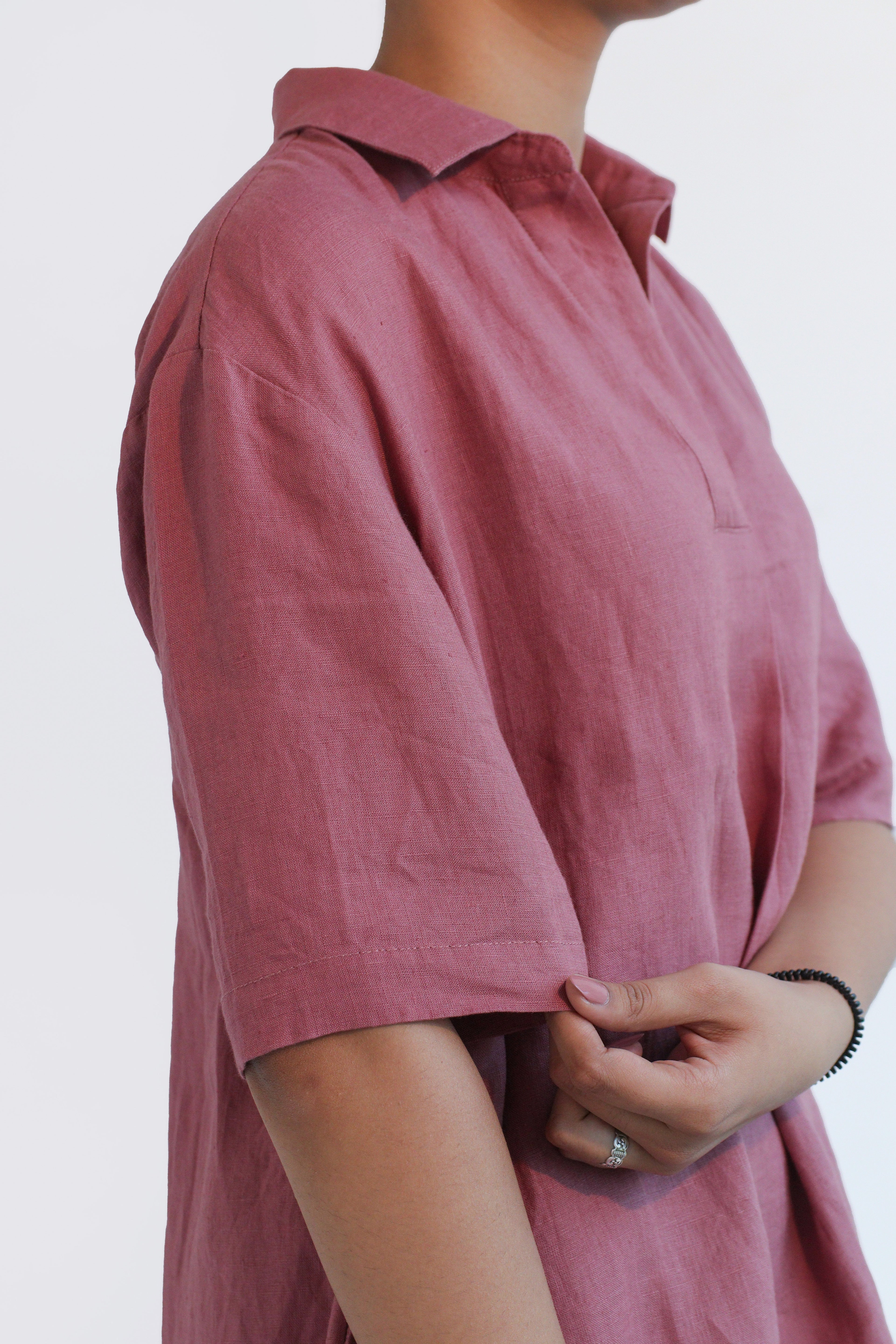 100% European Linen Popover Shirt Dress - Rose