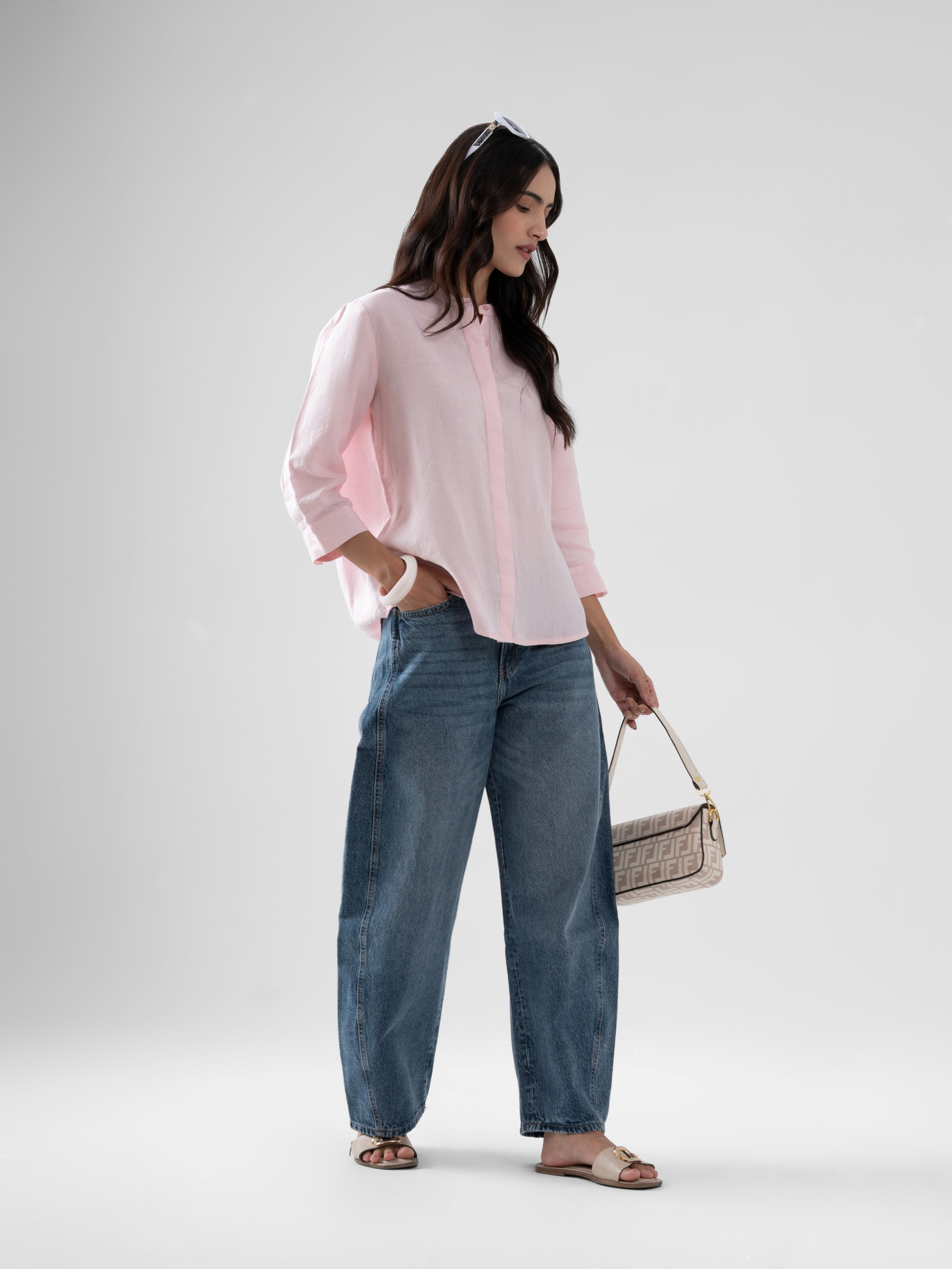 100% European Linen Mandarin Collar 3/4th Sleeve Shirt - Light Pink