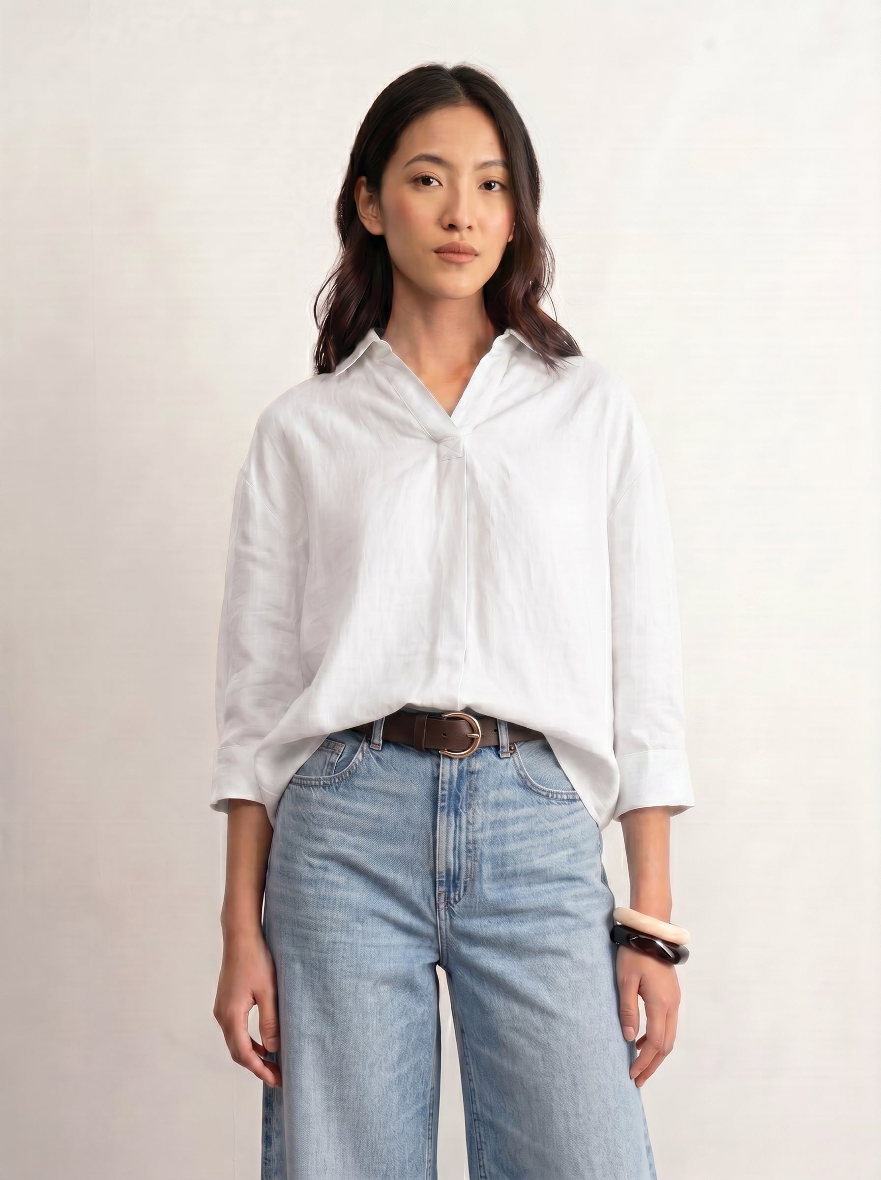 100% European Linen Boxy Popover Shirt - White