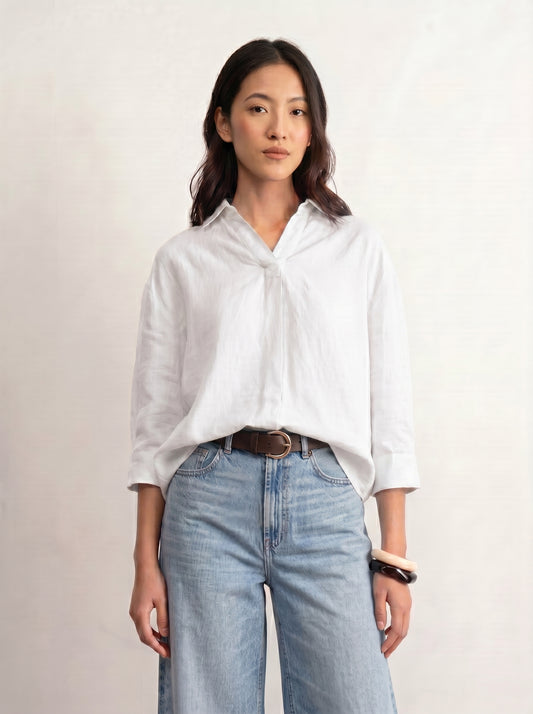 100% European Linen Boxy Popover Shirt - White