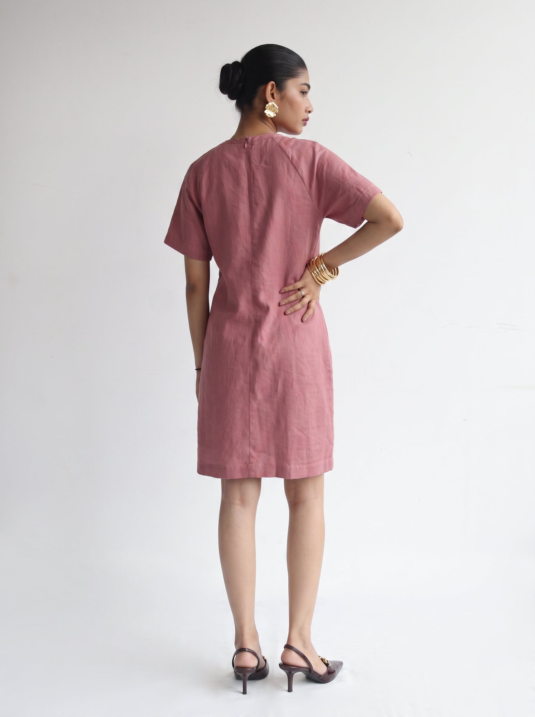 100% European Linen Easy Shift Dress - Rose