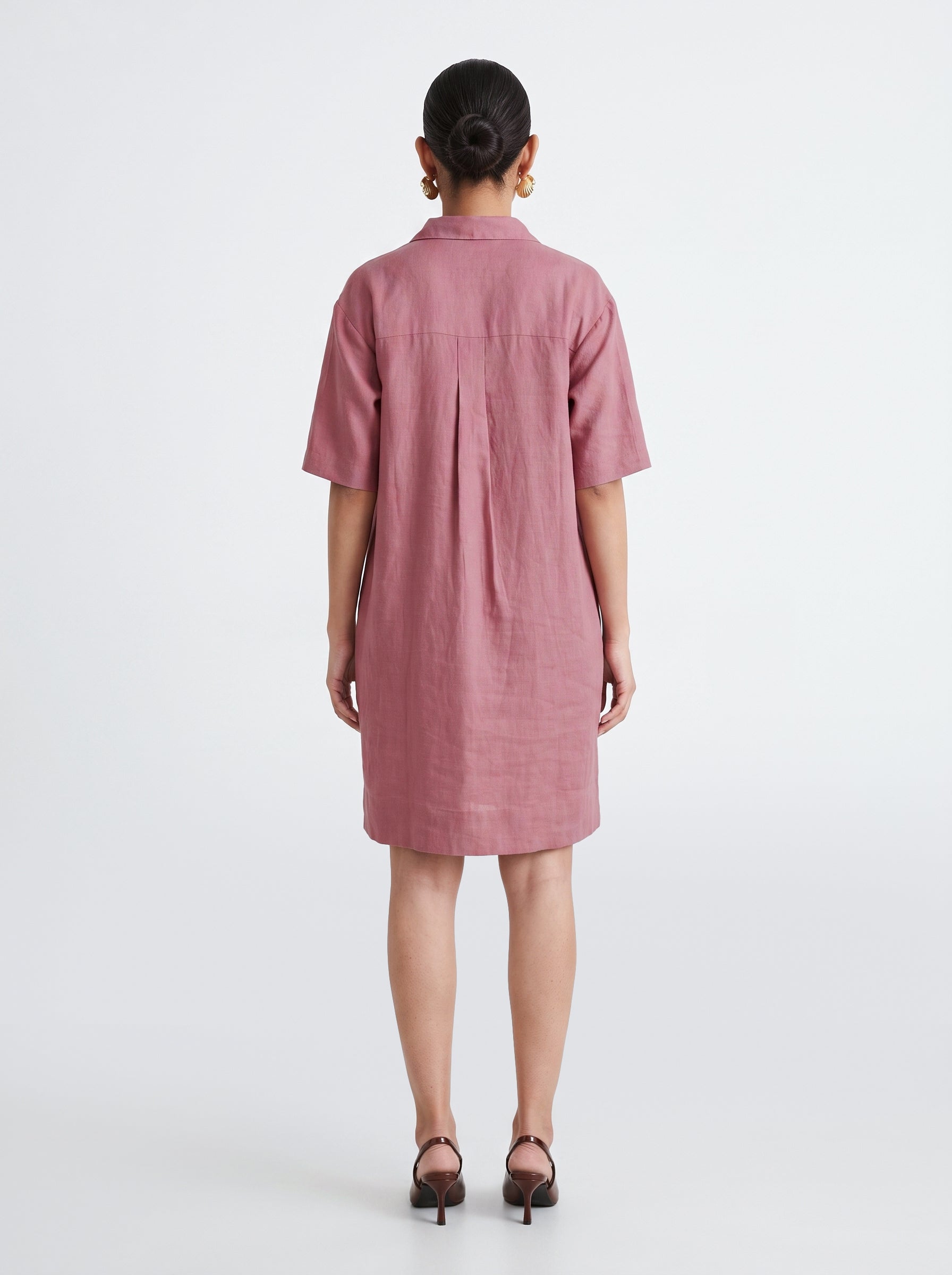 100% European Linen Popover Shirt Dress - Rose