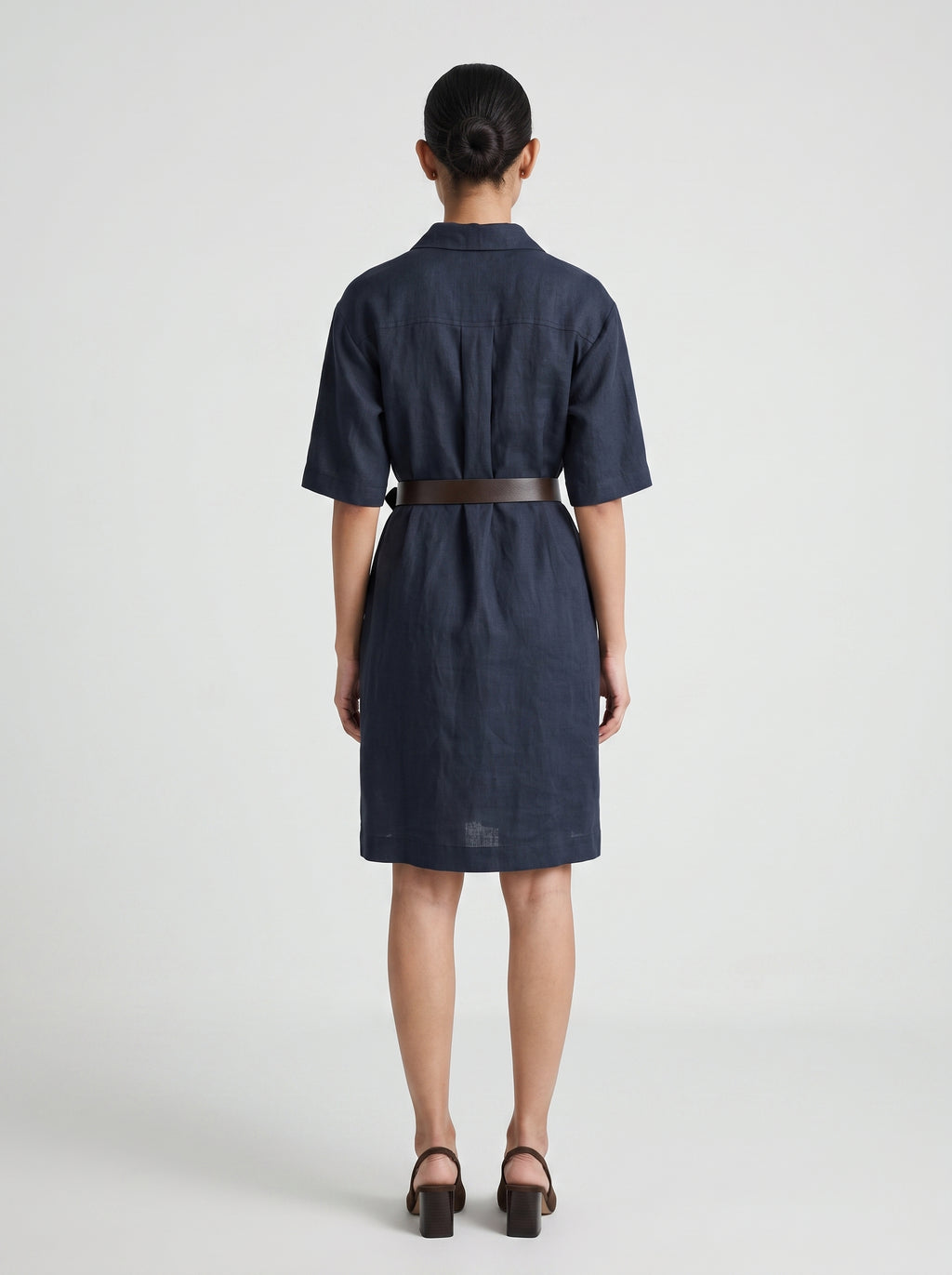100% European Linen Popover Shirt Dress - Navy