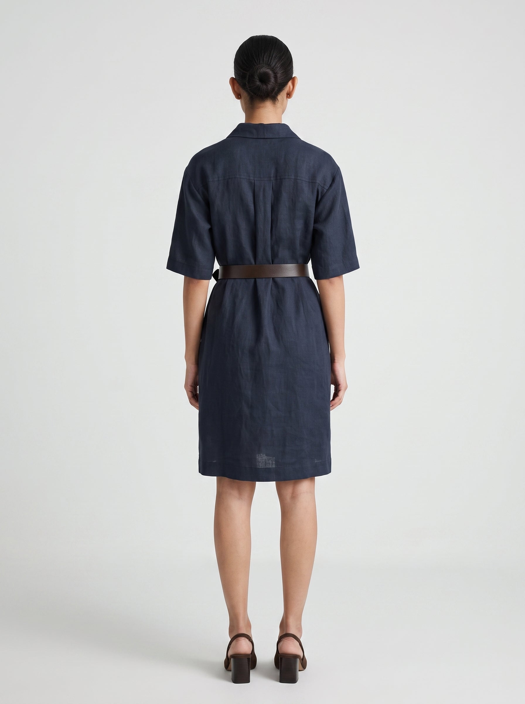 100% European Linen Popover Shirt Dress - Navy