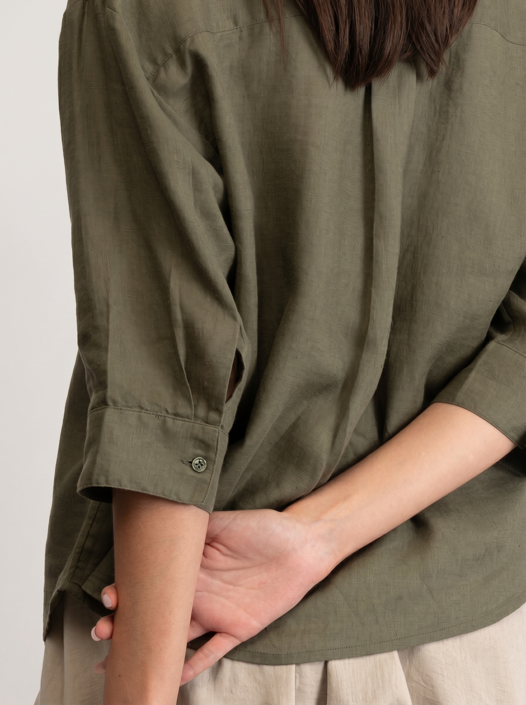 100% European Linen Boxy Popover Shirt - Olive