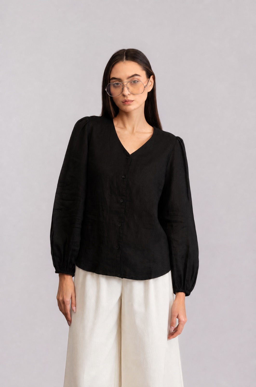 100% European Linen Regular Fit V-Neck Blouse - Black