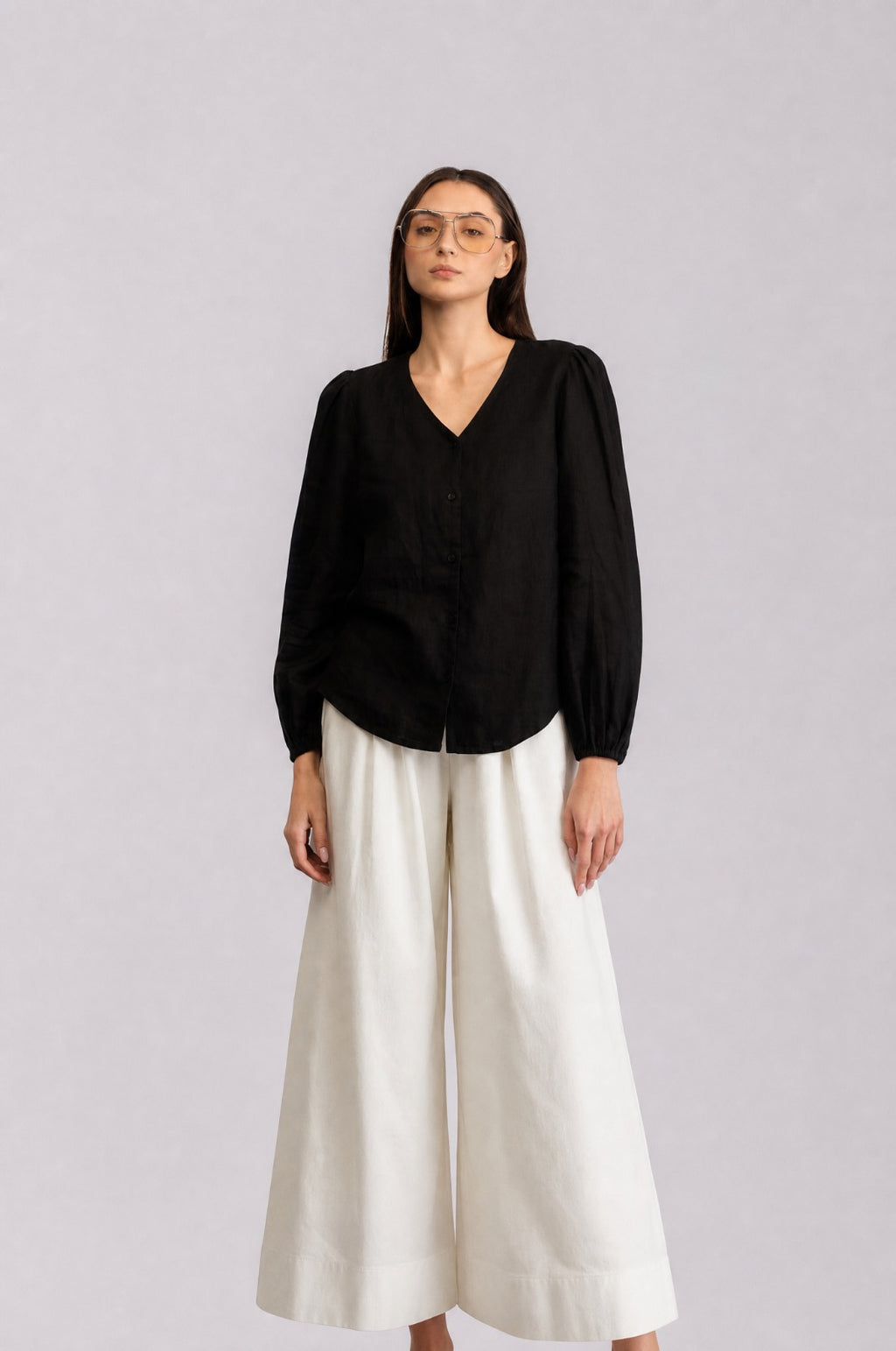 100% European Linen Regular Fit V-Neck Blouse - Black