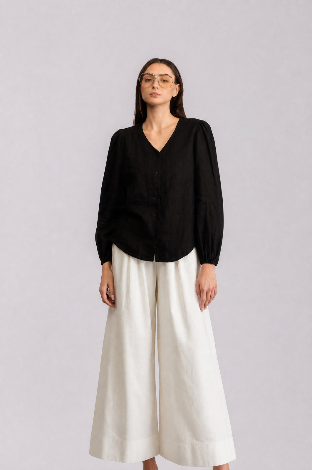 100% European Linen Regular Fit V-Neck Blouse - Black