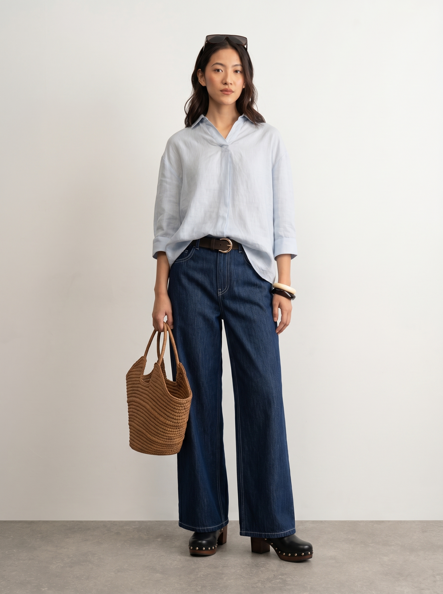 100% European Linen Boxy Popover Shirt - Powder Blue