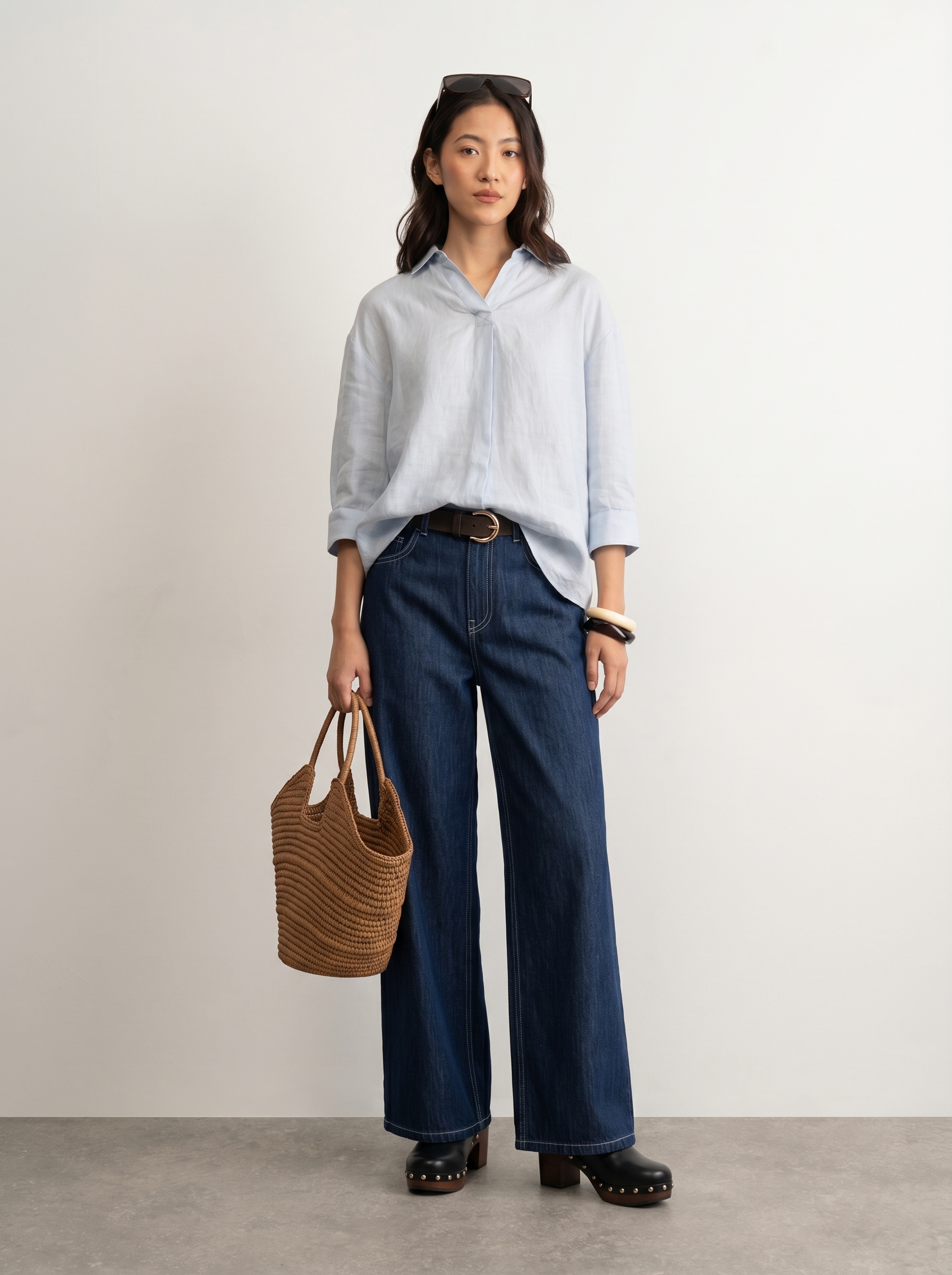 100% European Linen Boxy Popover Shirt - Powder Blue