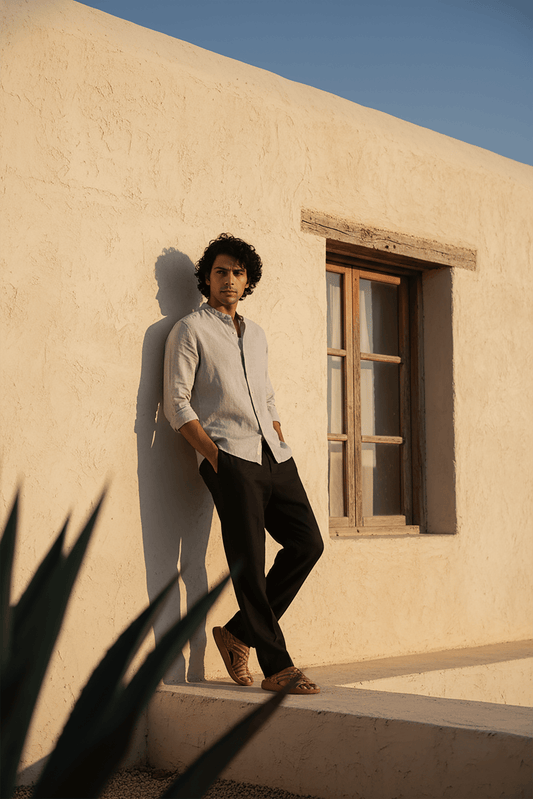 100% European Linen Mandarin Collar Shirt - Light Grey