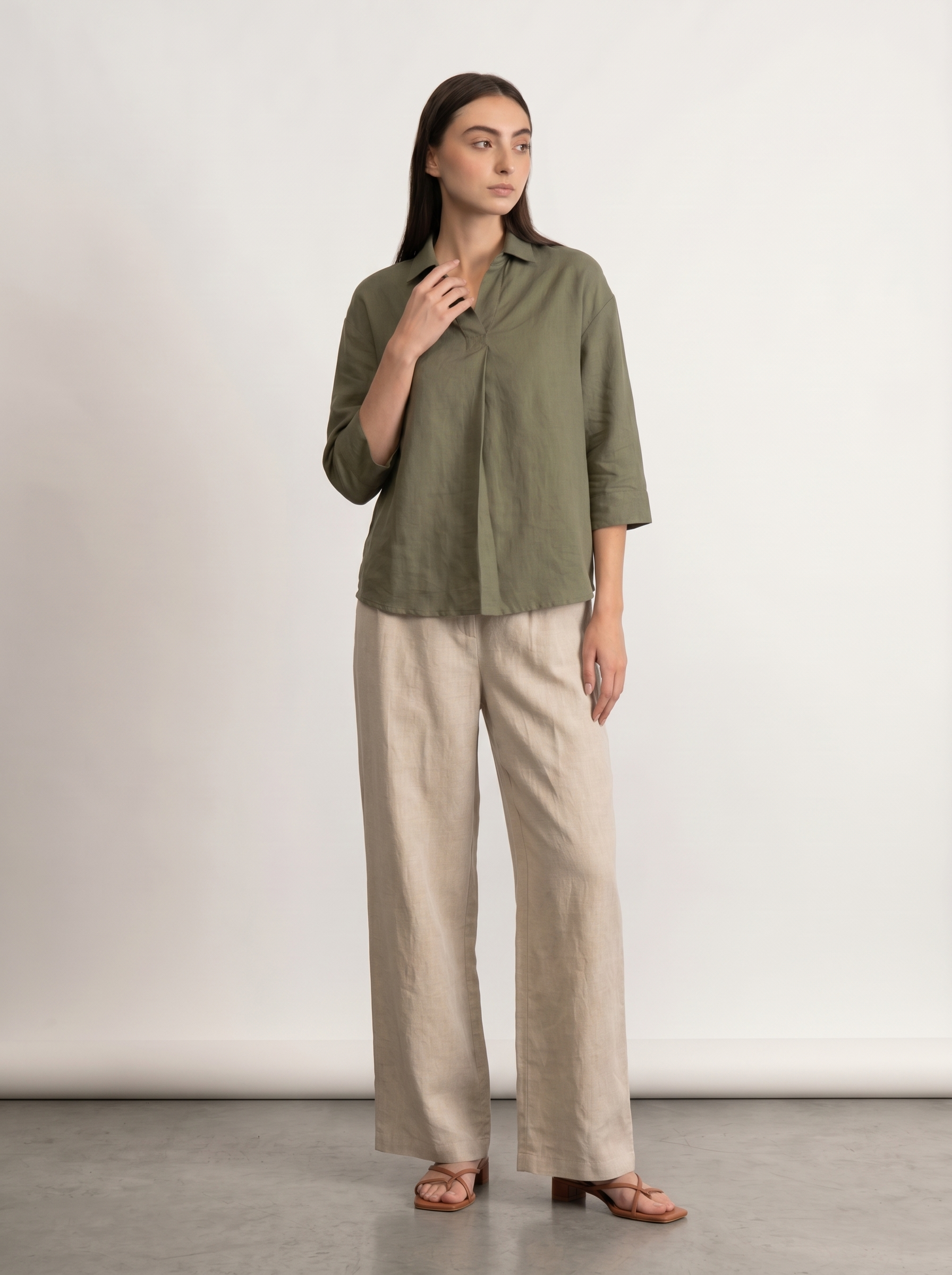 100% European Linen Boxy Popover Shirt - Olive