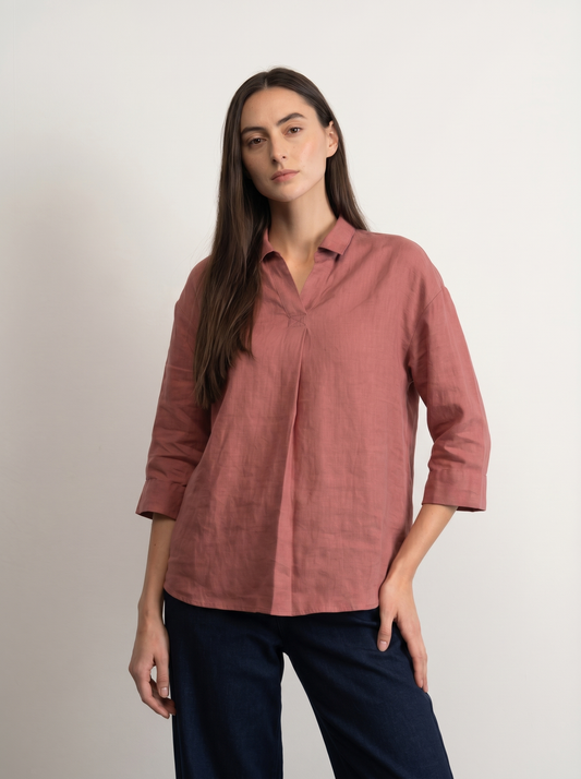 100% European Linen Boxy Popover Shirt - Rust