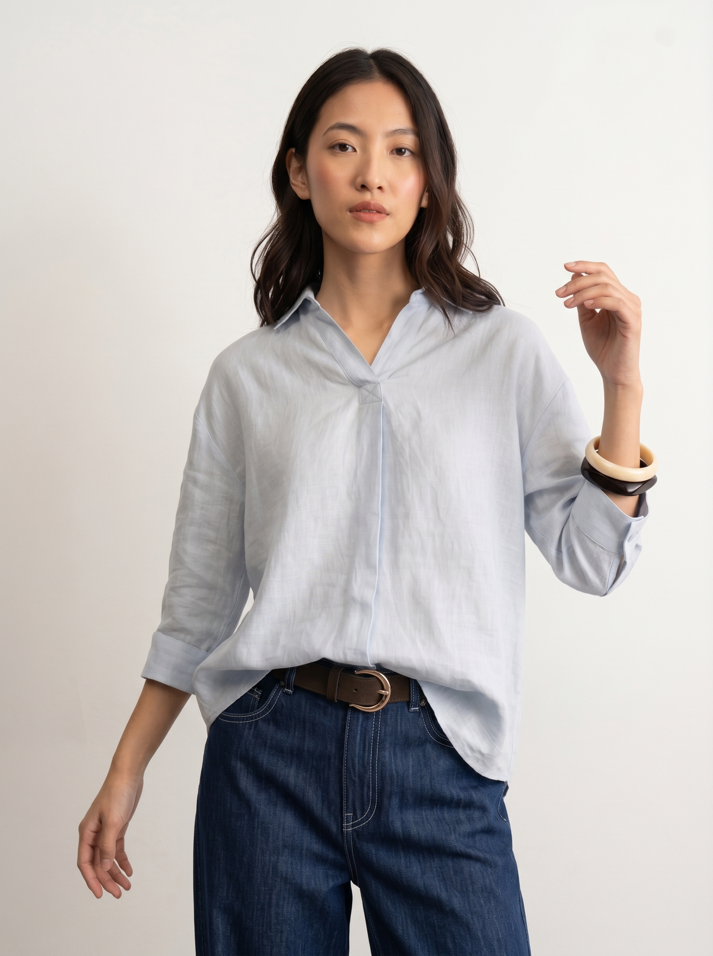 100% European Linen Boxy Popover Shirt - Powder Blue