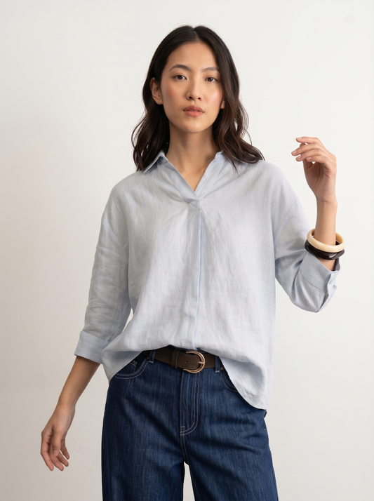 100% European Linen Boxy Popover Shirt - Powder Blue