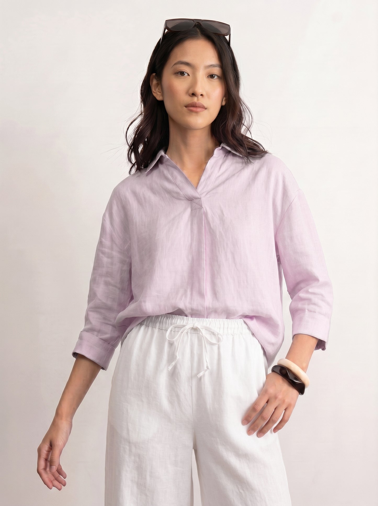 100% European Linen Boxy Popover Shirt - Lilac