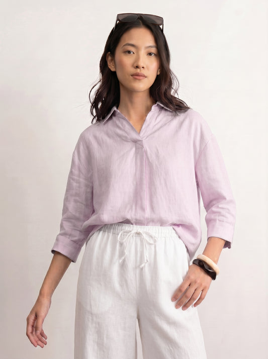 100% European Linen Boxy Popover Shirt - Lilac