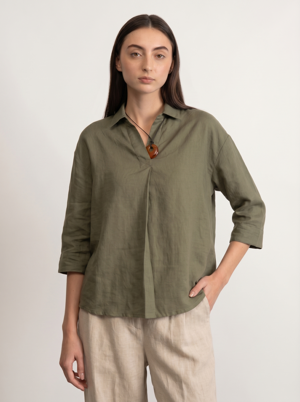 100% European Linen Boxy Popover Shirt - Olive