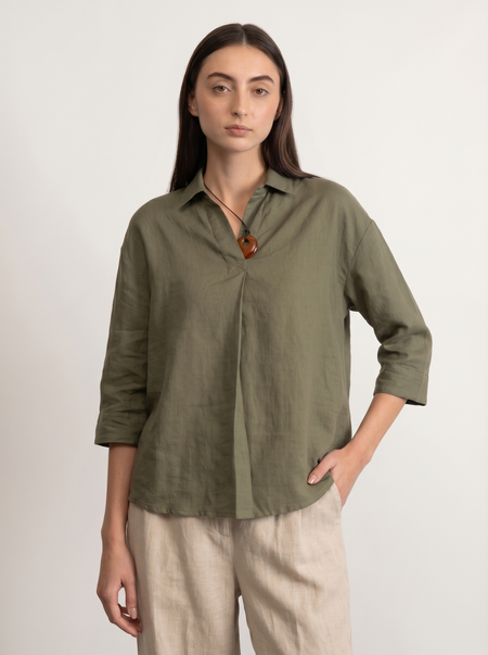 100% European Linen Boxy Popover Shirt - Olive