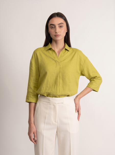 100% European Linen Boxy Popover Shirt - Olive Stone