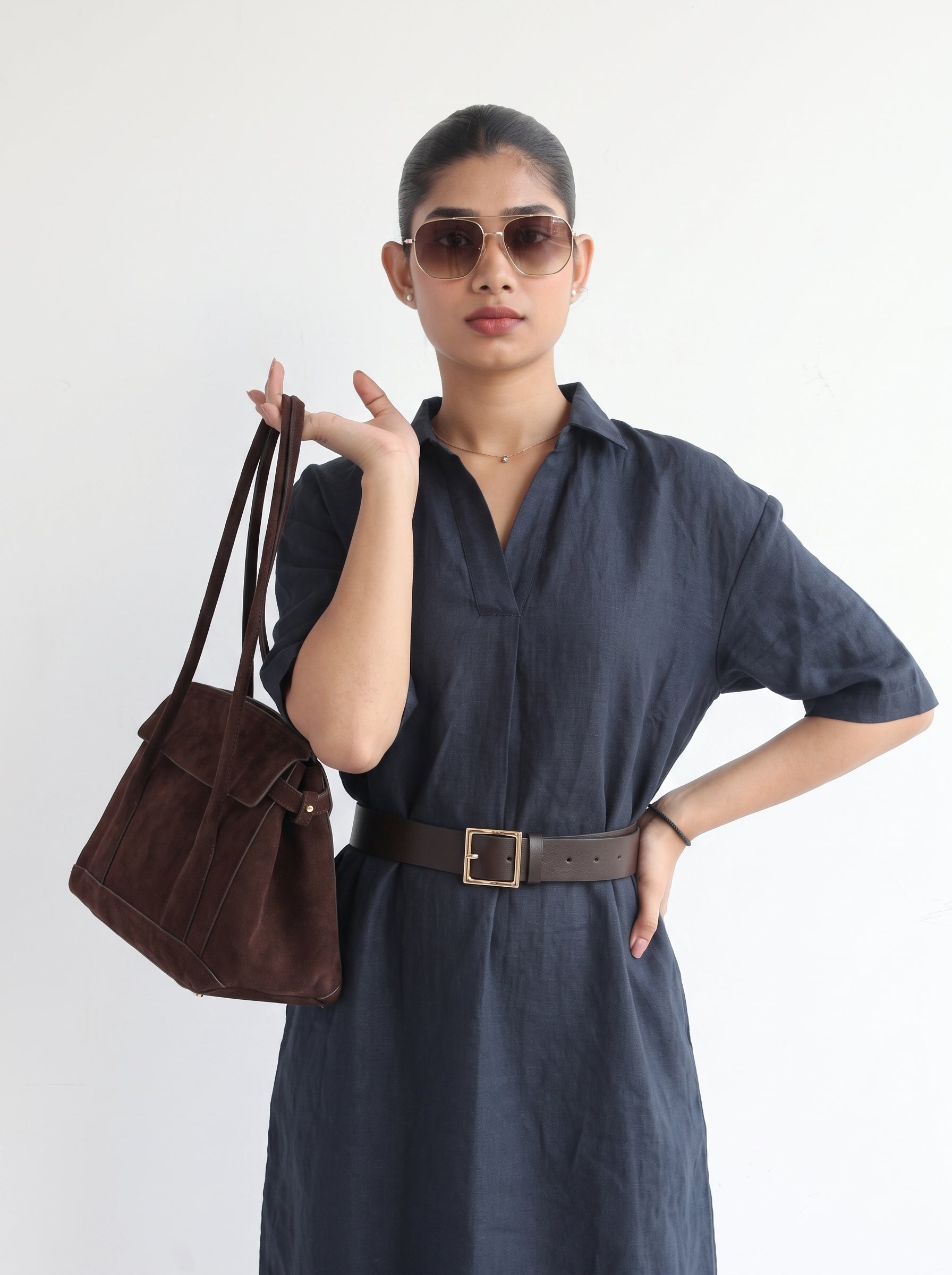 100% European Linen Popover Shirt Dress - Navy