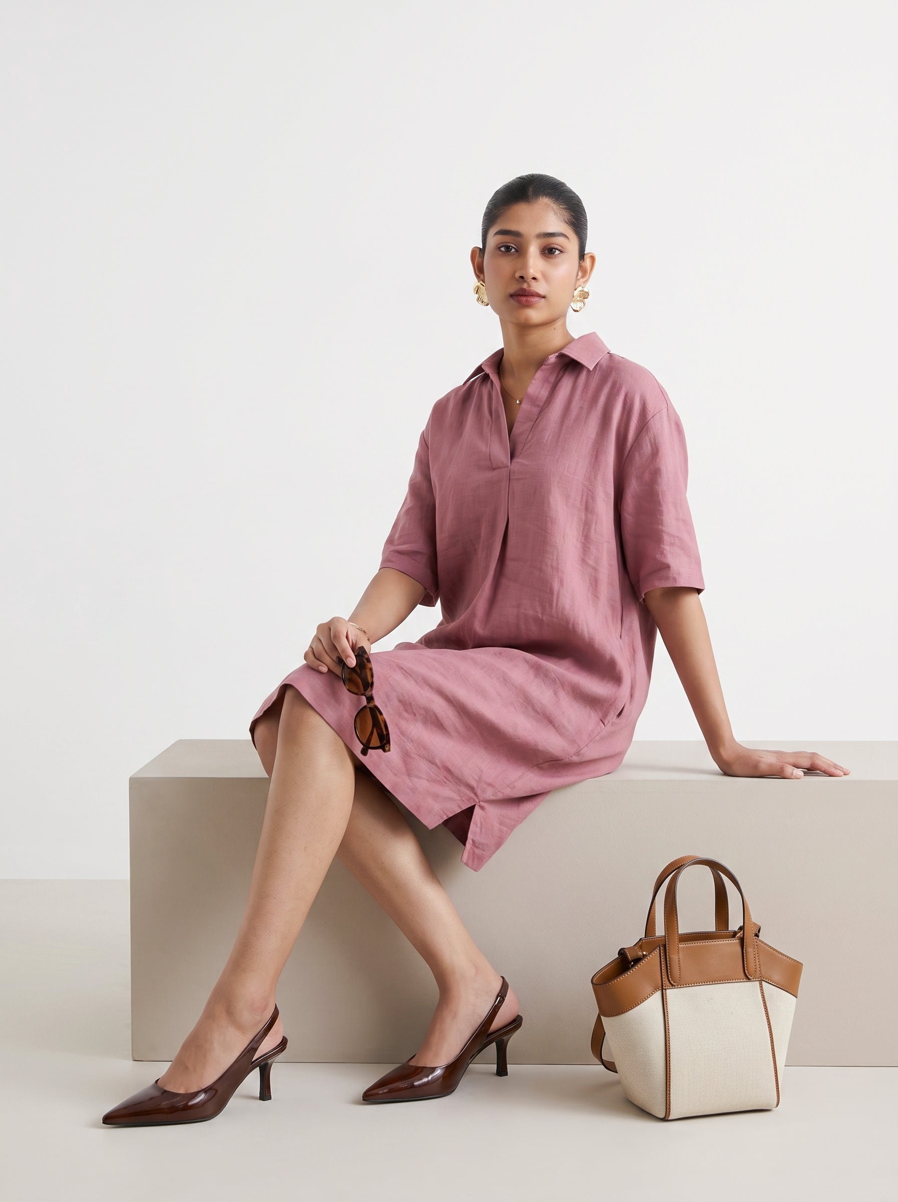 100% European Linen Popover Shirt Dress - Rose
