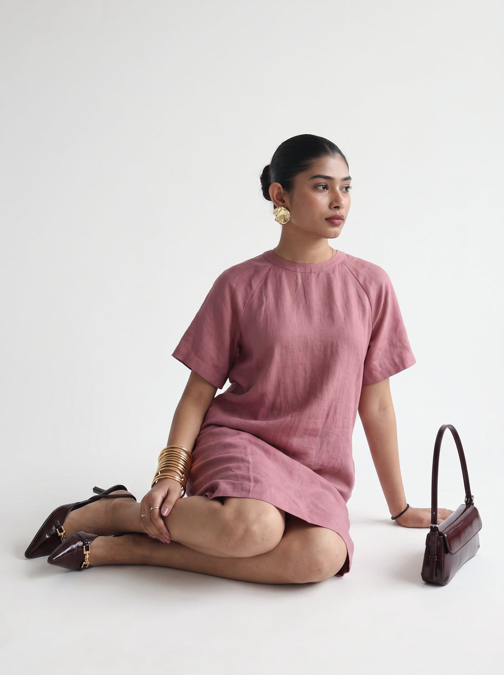 100% European Linen Easy Shift Dress - Rose