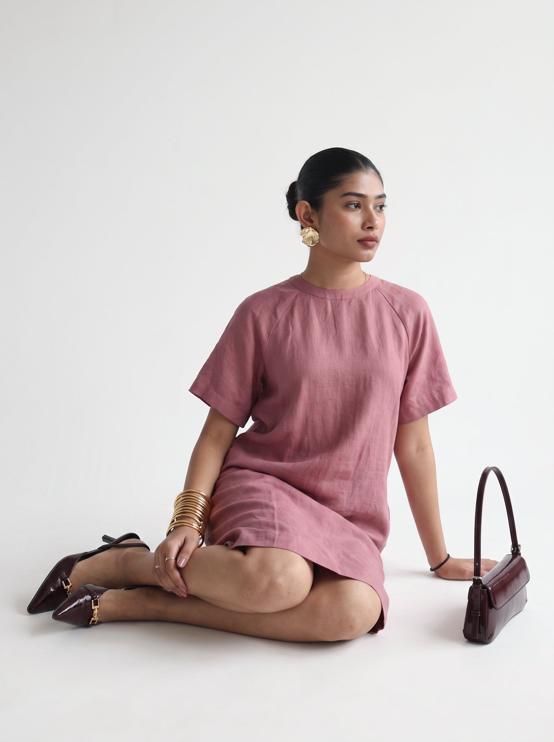 100% European Linen Easy Shift Dress - Rose