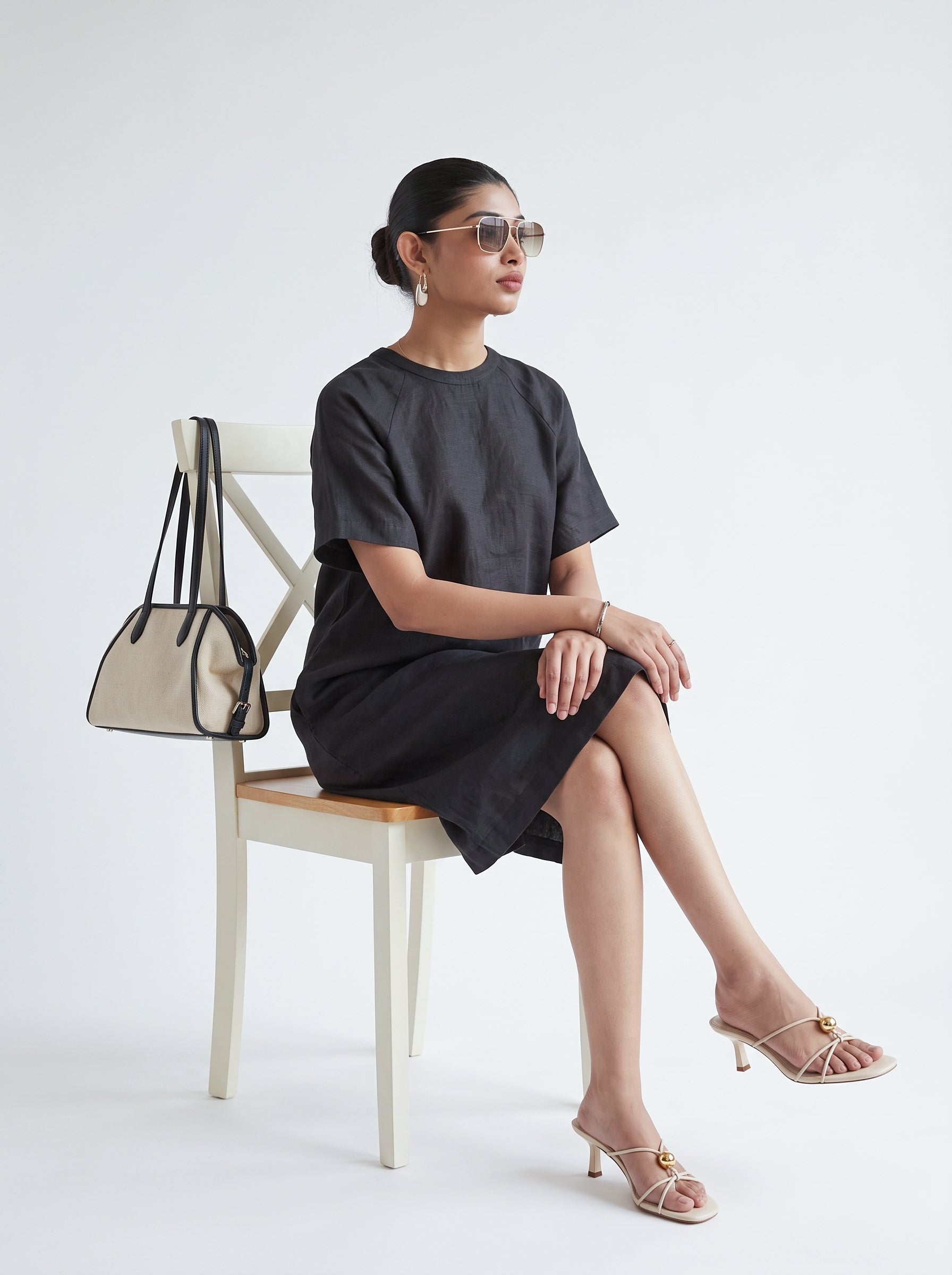 100% European Linen Easy Shift Dress - Black