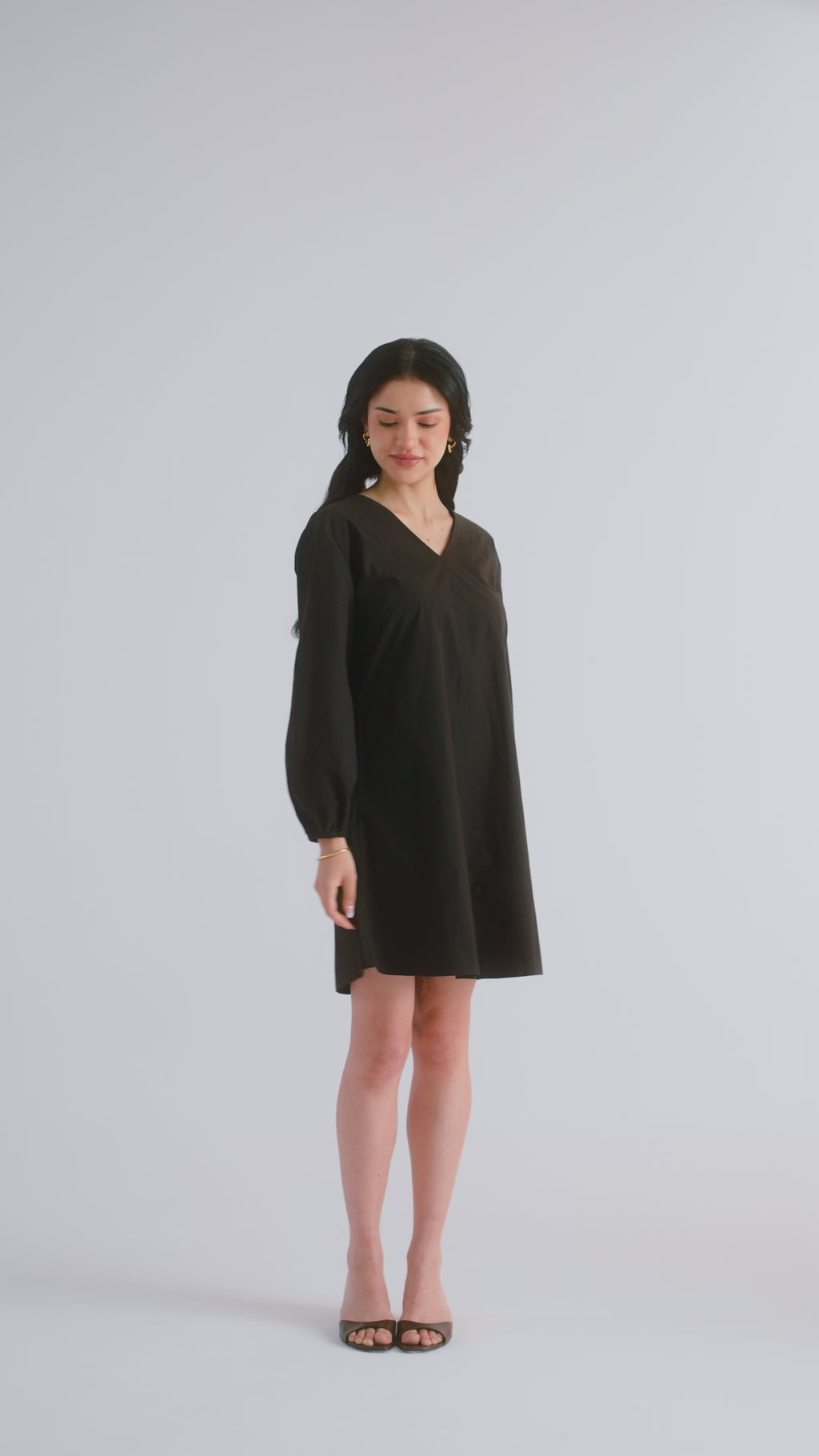 100% Cotton Poplin Babydoll Dress - Black