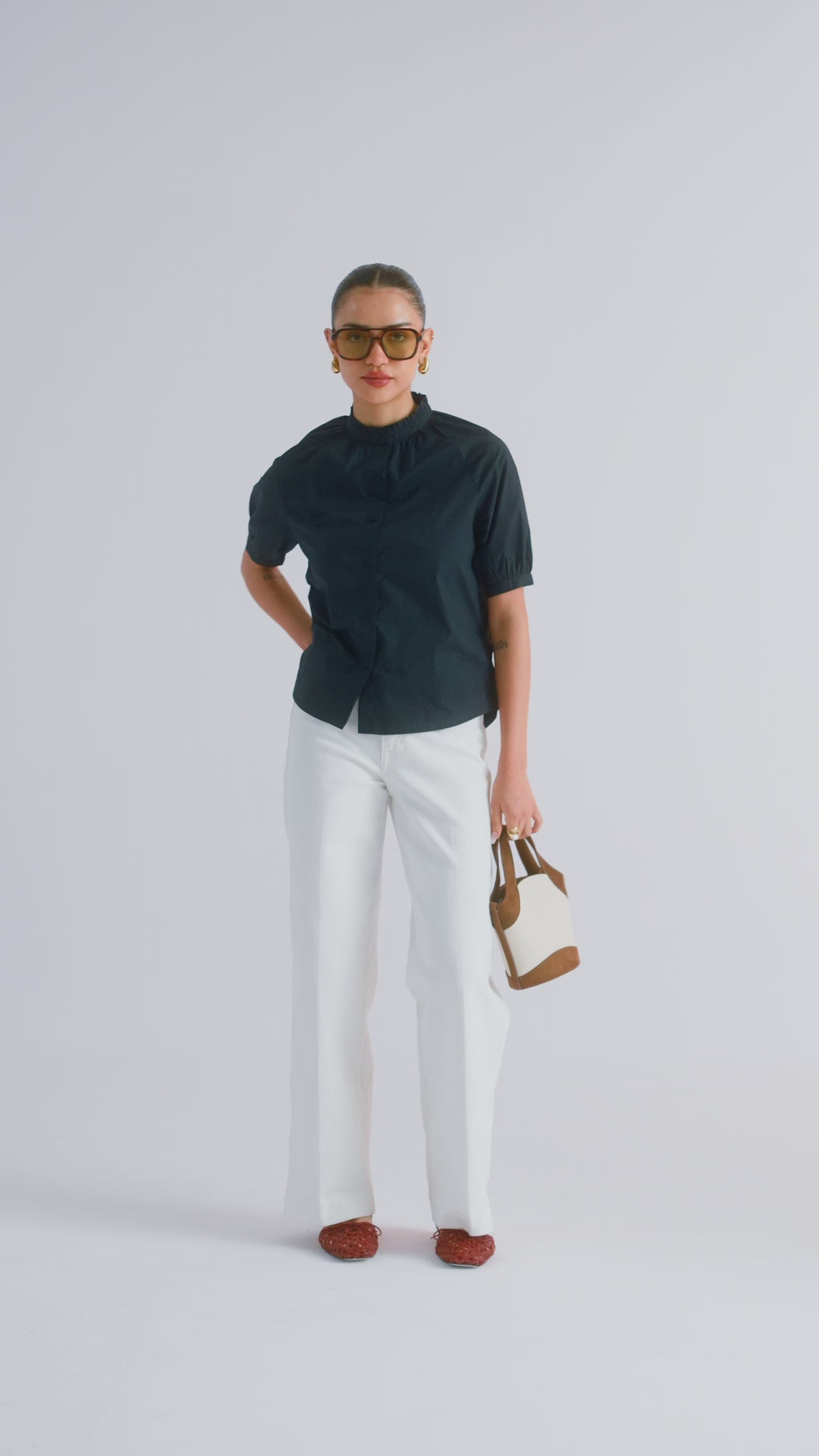 100% Cotton Poplin Frill-Neck Blouse - Navy