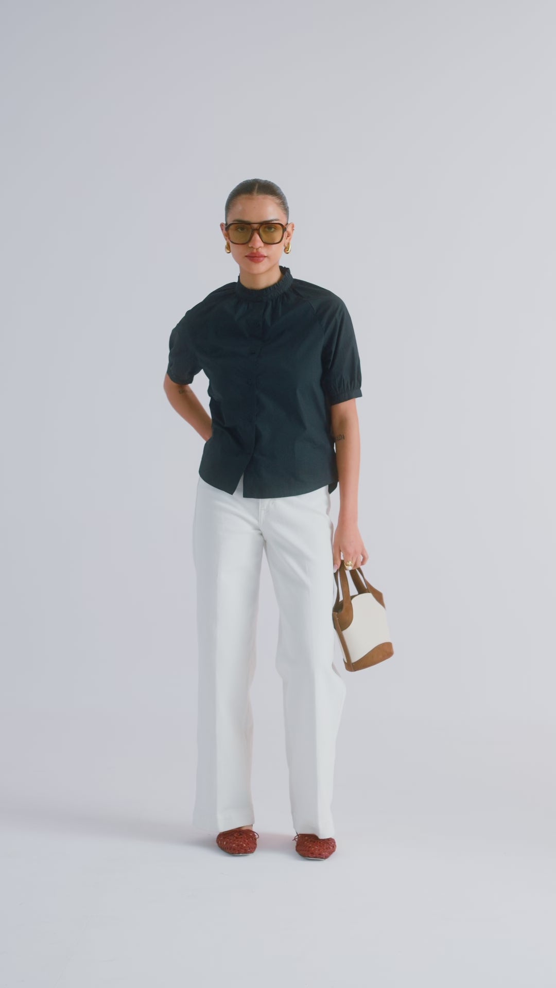 100% Cotton Poplin Frill-Neck Blouse - Navy
