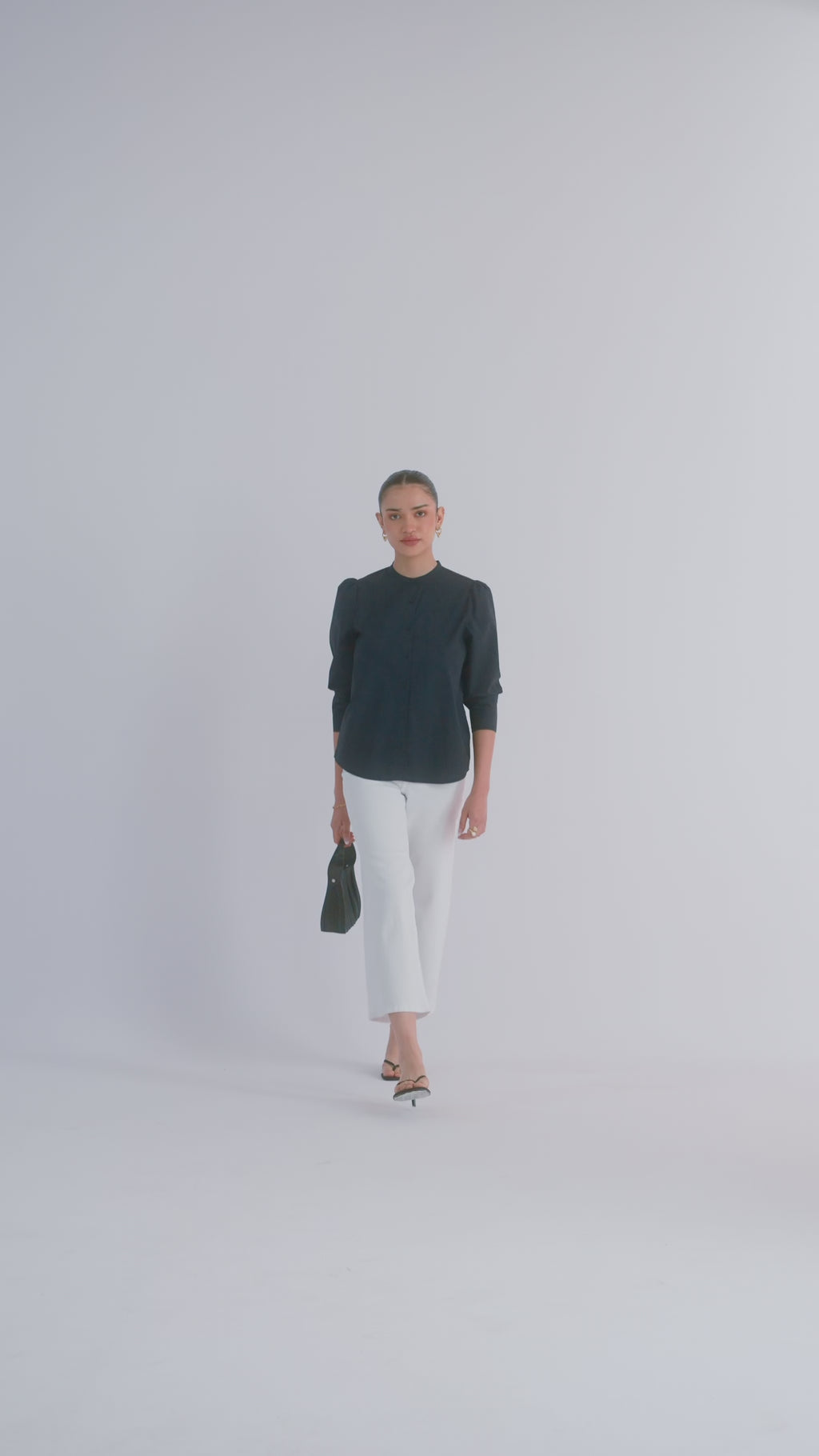 100% Cotton Poplin Puff-Sleeve Shirt - Navy