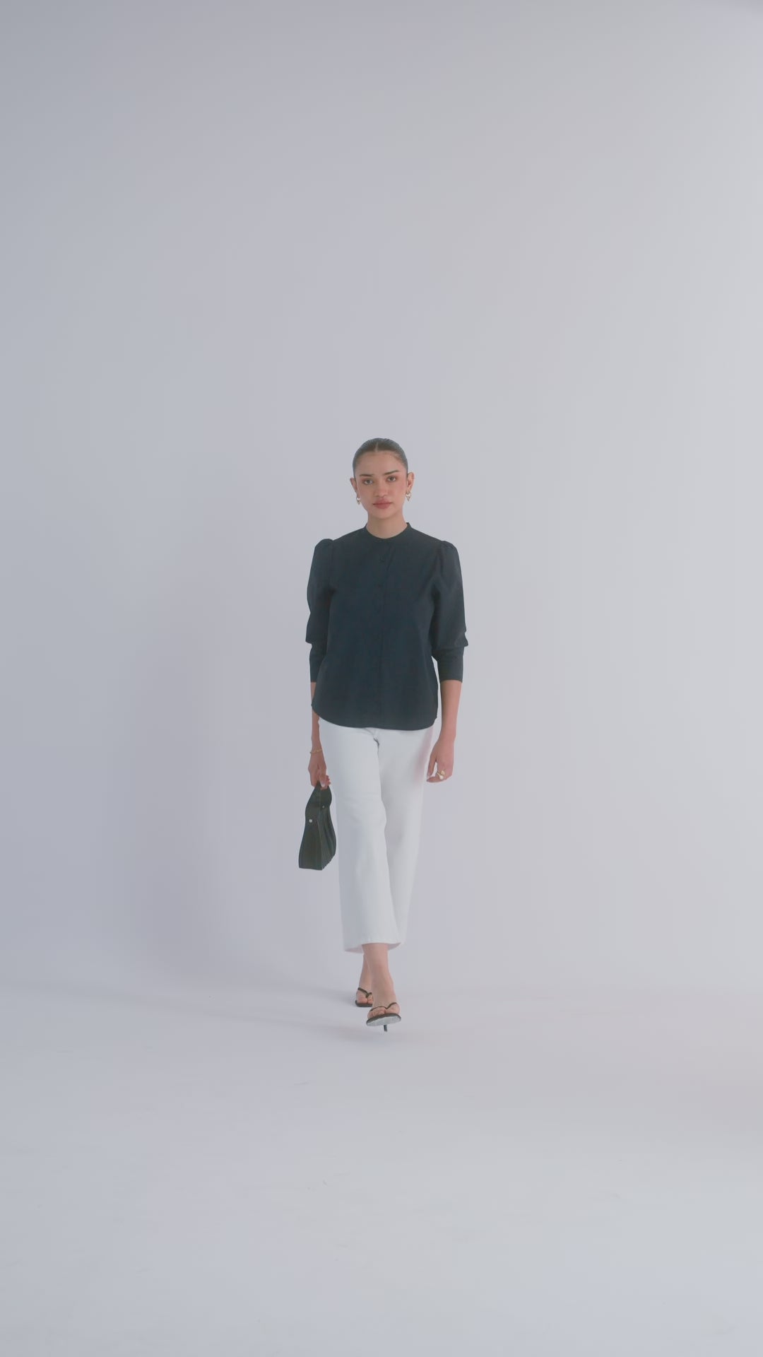 100% Cotton Poplin Puff-Sleeve Shirt - Navy