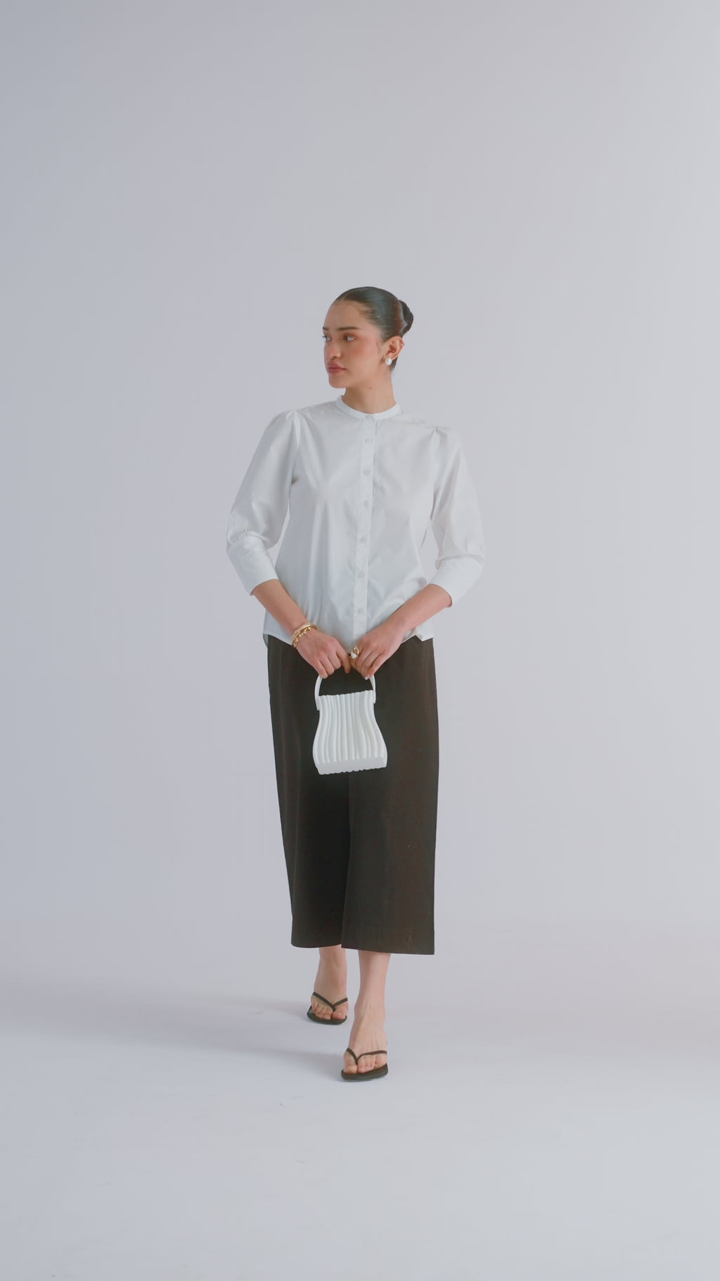 100% Cotton Poplin Puff-Sleeve Shirt - White